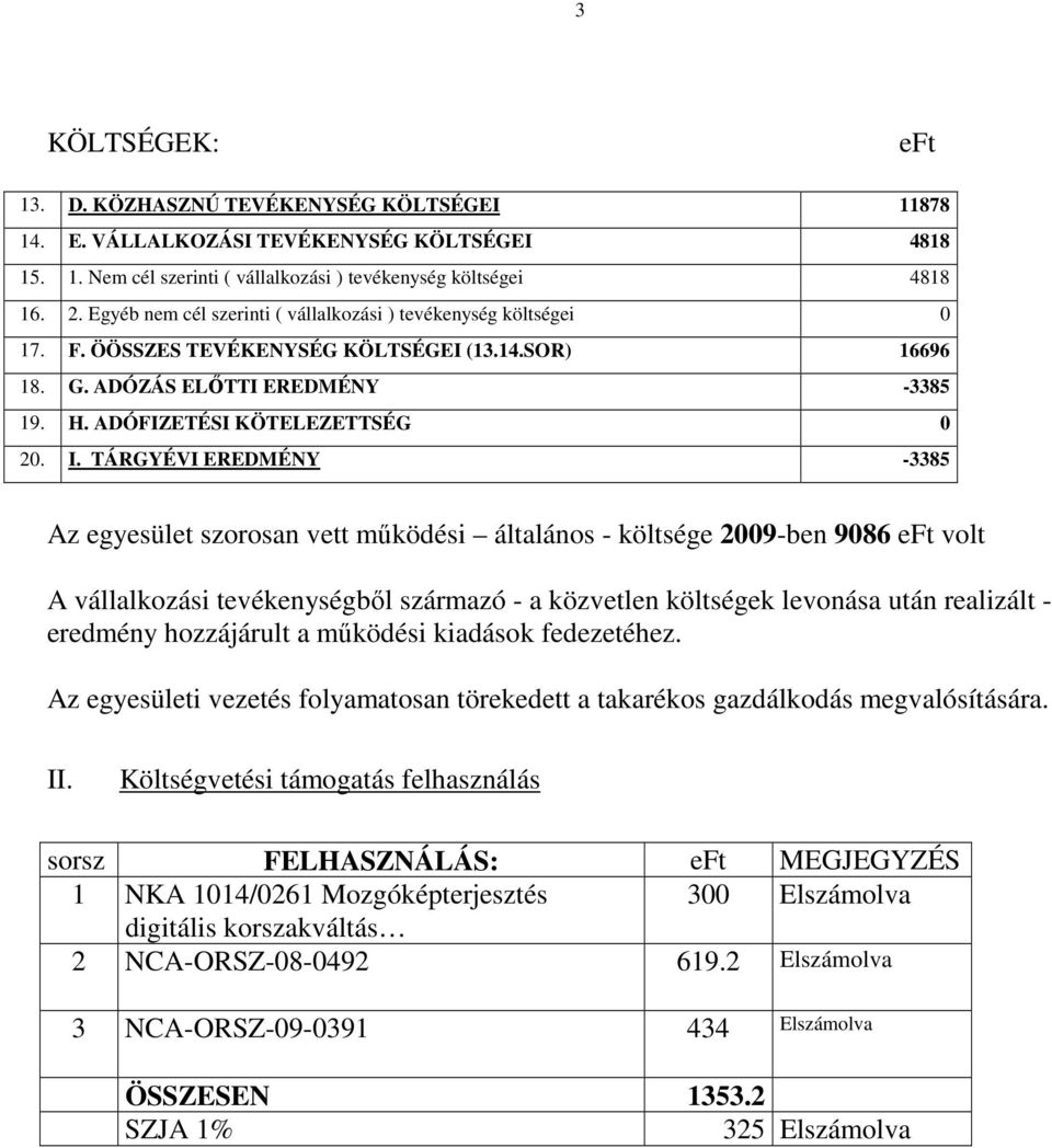 TÁRGYÉVI EREDMÉNY -3385 Az egyesület szorosan vett mőködési általános - költsége 2009-ben 9086 eft volt A vállalkozási tevékenységbıl származó - a közvetlen költségek levonása után realizált -