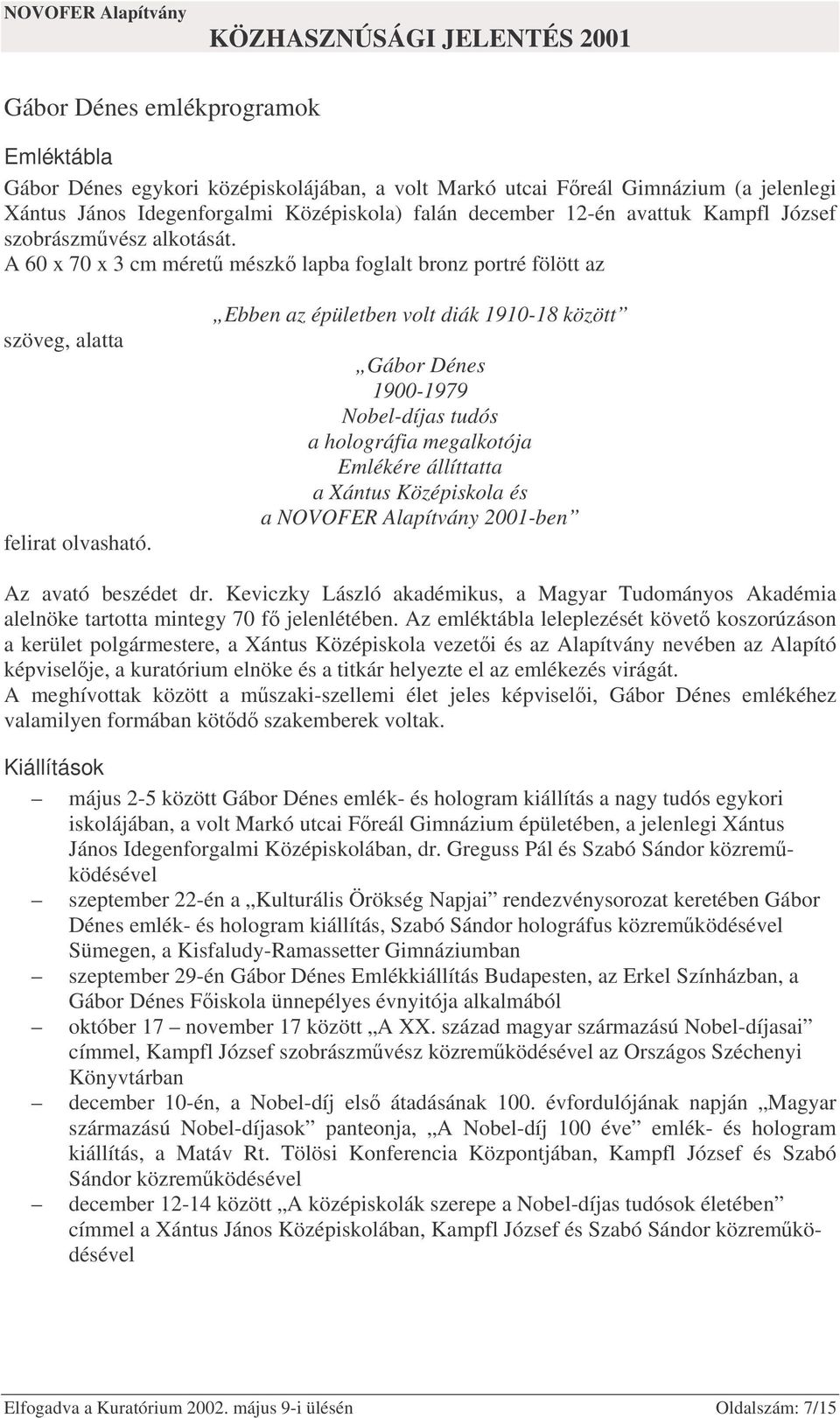 Ebben az épületben volt diák 1910-18 között Gábor Dénes 1900-1979 Nobel-díjas tudós a holográfia megalkotója Emlékére állíttatta a Xántus Középiskola és a NOVOFER Alapítvány 2001-ben Az avató