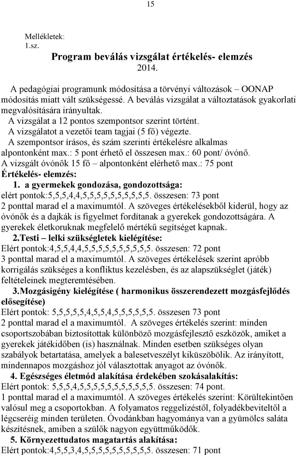 A szempontsor írásos, és szám szerinti értékelésre alkalmas alpontonként max.: 5 pont érhető el összesen max.: 60 pont/ óvónő. A vizsgált óvónők 15 fő alpontonként elérhető max.