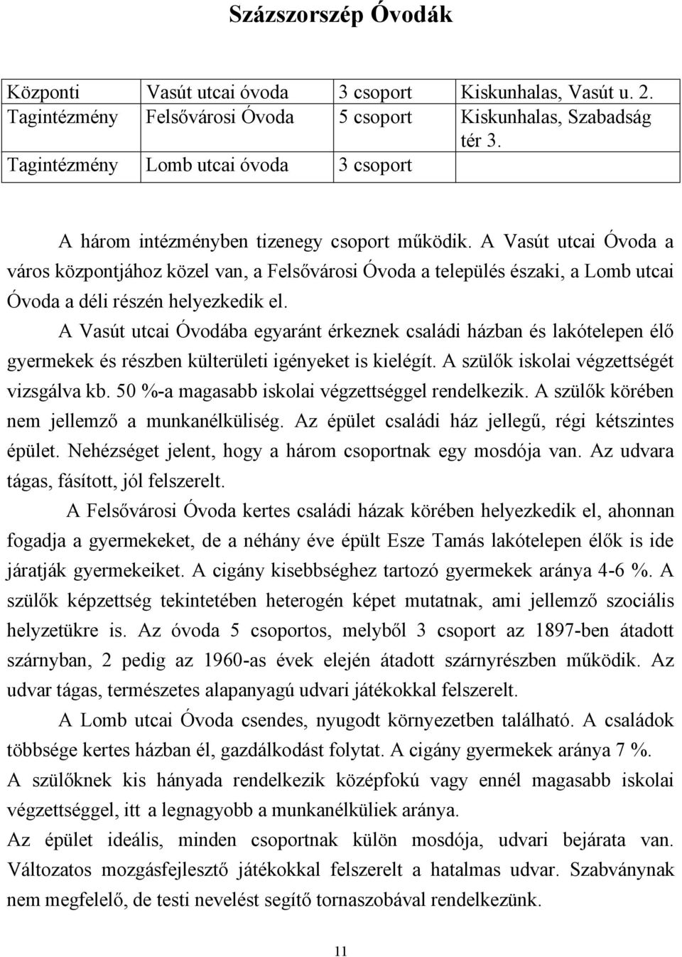 A Vasút utcai Óvoda a város központjához közel van, a Felsővárosi Óvoda a település északi, a Lomb utcai Óvoda a déli részén helyezkedik el.