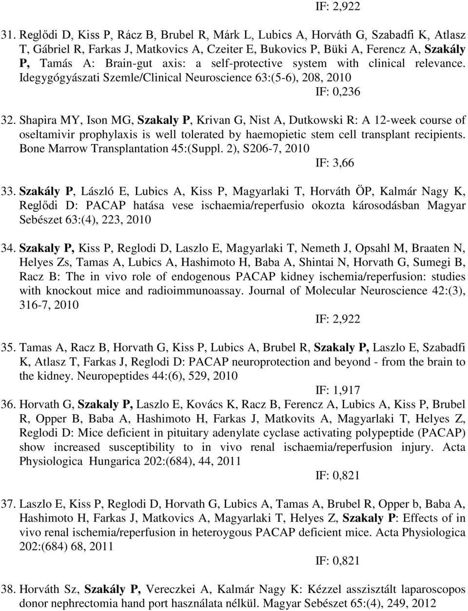 a self-protective system with clinical relevance. Idegygógyászati Szemle/Clinical Neuroscience 63:(5-6), 208, 2010 IF: 0,236 32.