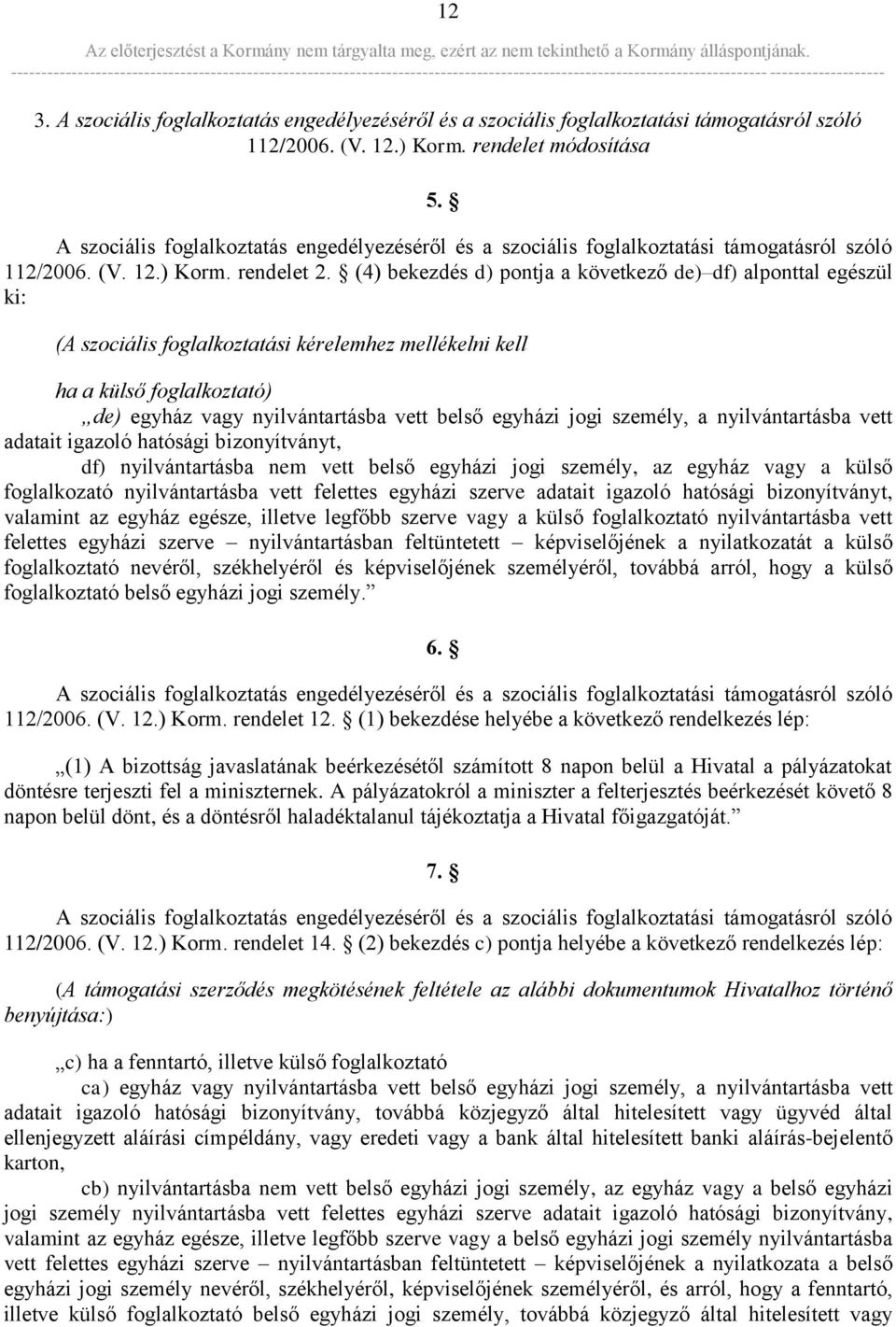 (4) bekezdés d) pontja a következő de) df) alponttal egészül ki: (A szociális foglalkoztatási kérelemhez mellékelni kell ha a külső foglalkoztató) de) egyház vagy nyilvántartásba vett belső egyházi