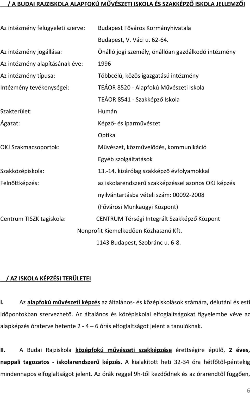 8520 - Alapfokú Művészeti Iskola TEÁOR 8541 - Szakképző Iskola Szakterület: Humán Ágazat: Képző- és iparművészet Optika OKJ Szakmacsoportok: Művészet, közművelődés, kommunikáció Egyéb szolgáltatások