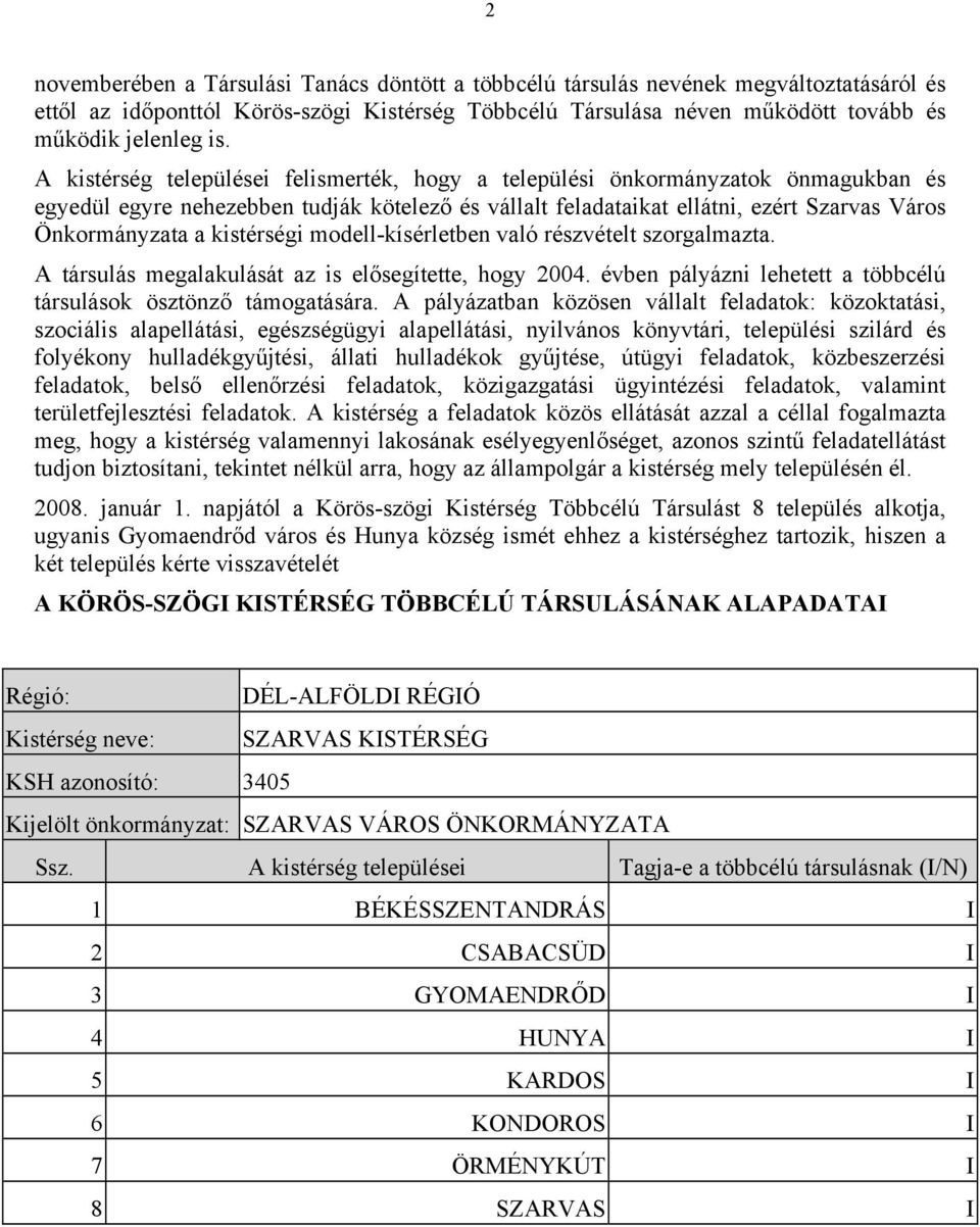 kistérségi modell-kísérletben való részvételt szorgalmazta. A társulás megalakulását az is elősegítette, hogy 2004. évben pályázni lehetett a többcélú társulások ösztönző támogatására.