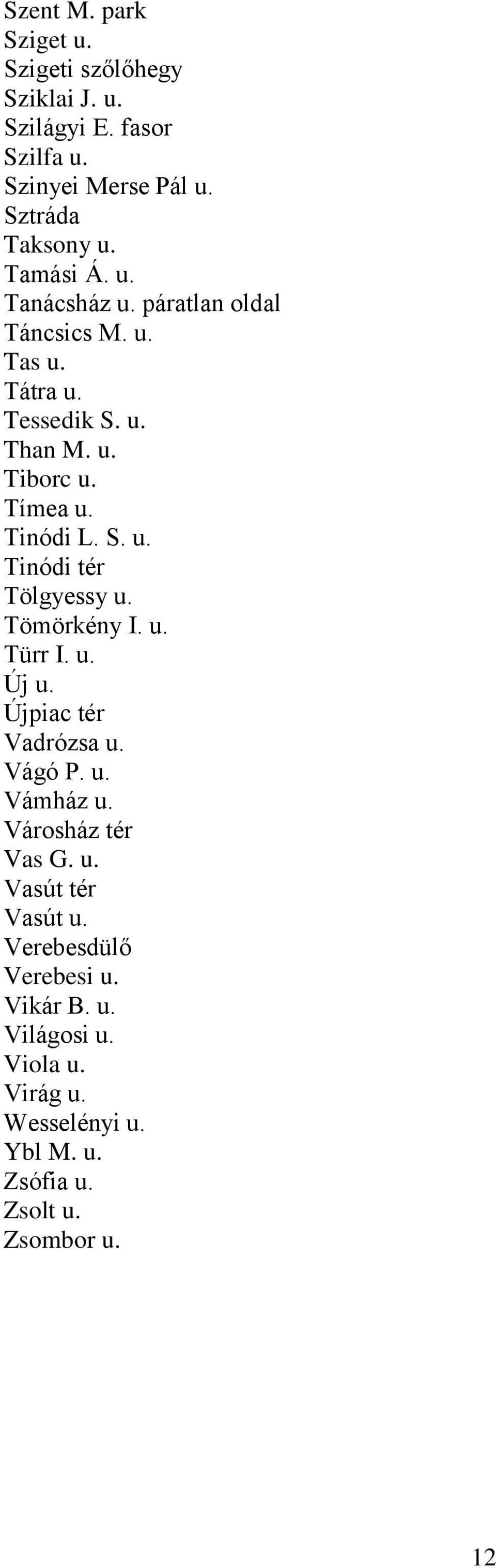 Tömörkény I. u. Türr I. u. Új u. Újpiac tér Vadrózsa u. Vágó P. u. Vámház u. Városház tér Vas G. u. Vasút tér Vasút u.