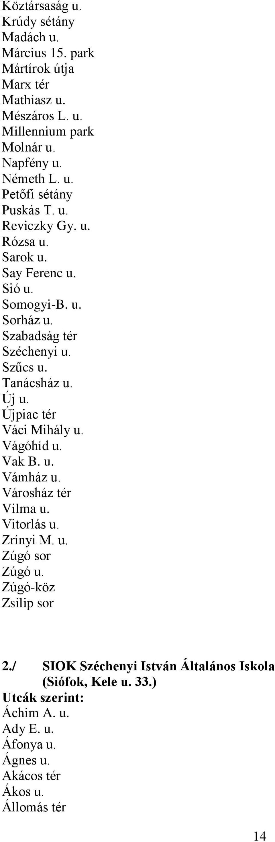 Tanácsház u. Új u. Újpiac tér Váci Mihály u. Vágóhíd u. Vak B. u. Vámház u. Városház tér Vilma u. Vitorlás u. Zrínyi M. u. Zúgó sor Zúgó u.