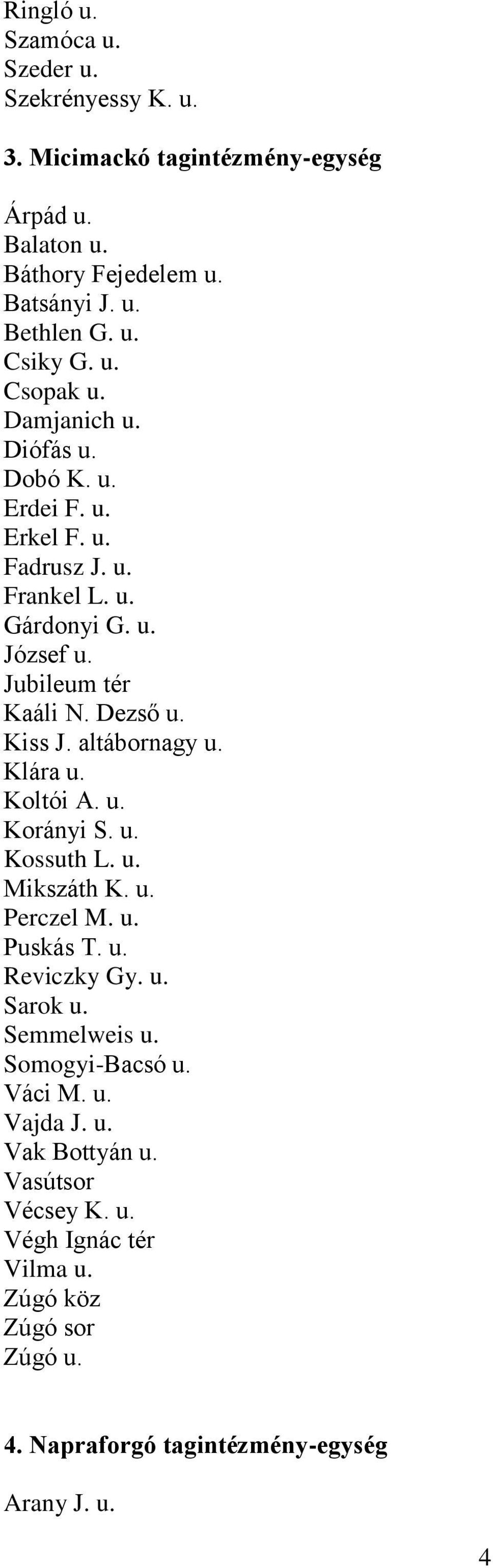 altábornagy u. Klára u. Koltói A. u. Korányi S. u. Kossuth L. u. Mikszáth K. u. Perczel M. u. Puskás T. u. Reviczky Gy. u. Sarok u. Semmelweis u. Somogyi-Bacsó u.