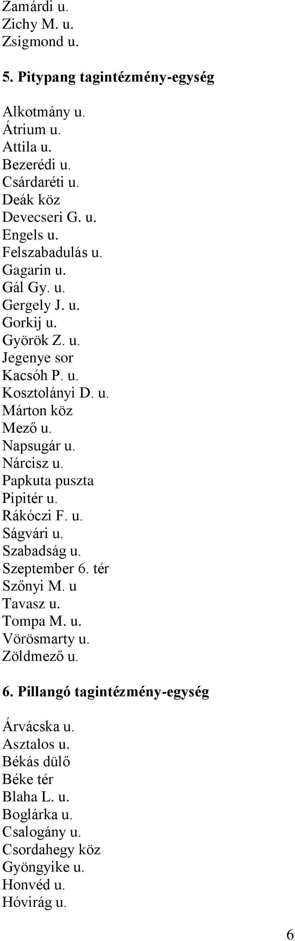 Nárcisz u. Papkuta puszta Pipitér u. Rákóczi F. u. Ságvári u. Szabadság u. Szeptember 6. tér Szőnyi M. u Tavasz u. Tompa M. u. Vörösmarty u. Zöldmező u. 6. Pillangó tagintézmény-egység Árvácska u.