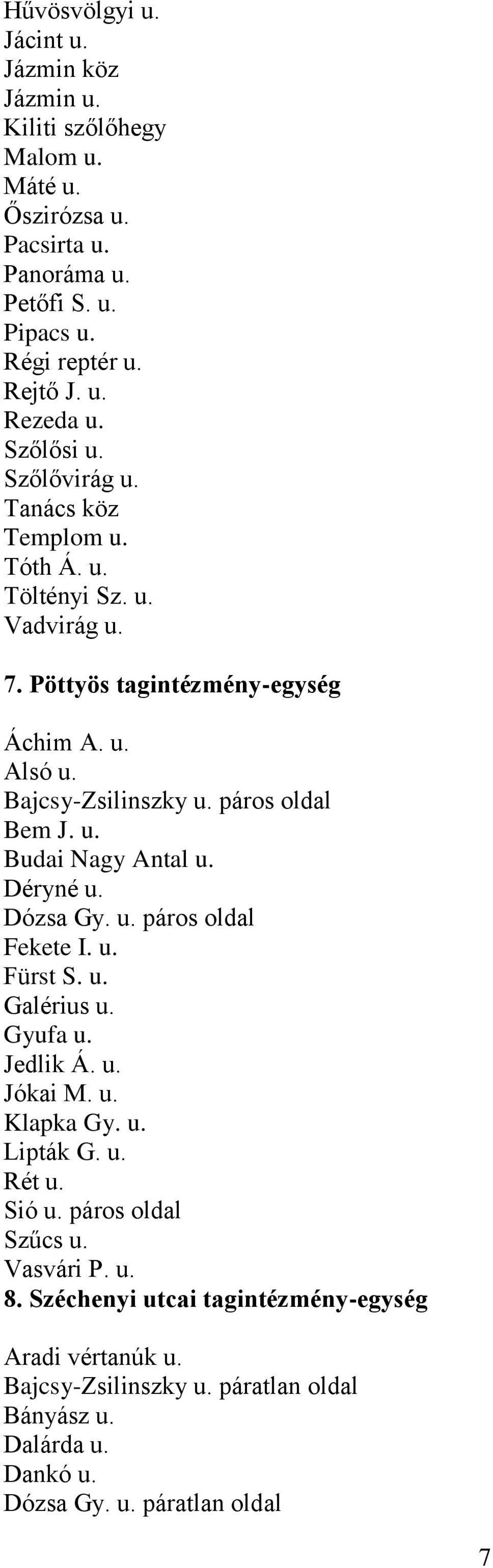 u. Budai Nagy Antal u. Déryné u. Dózsa Gy. u. páros oldal Fekete I. u. Fürst S. u. Galérius u. Gyufa u. Jedlik Á. u. Jókai M. u. Klapka Gy. u. Lipták G. u. Rét u. Sió u.