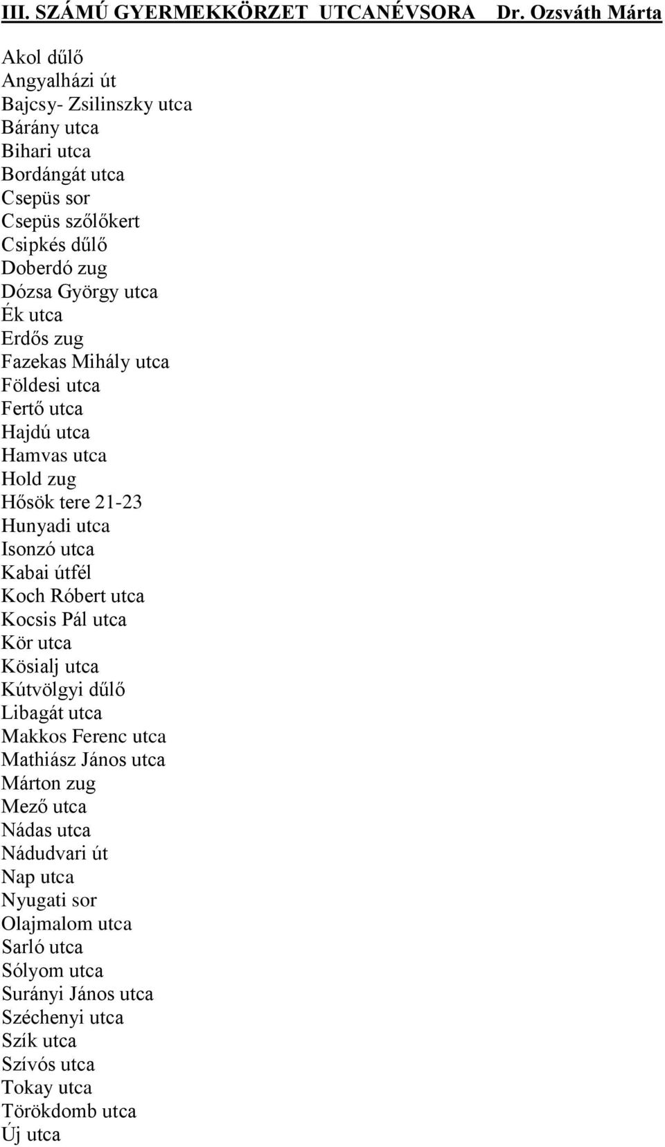 utca Ék utca Erdős zug Fazekas Mihály utca Földesi utca Fertő utca Hajdú utca Hamvas utca Hold zug Hősök tere 21-23 Hunyadi utca Isonzó utca Kabai útfél Koch Róbert