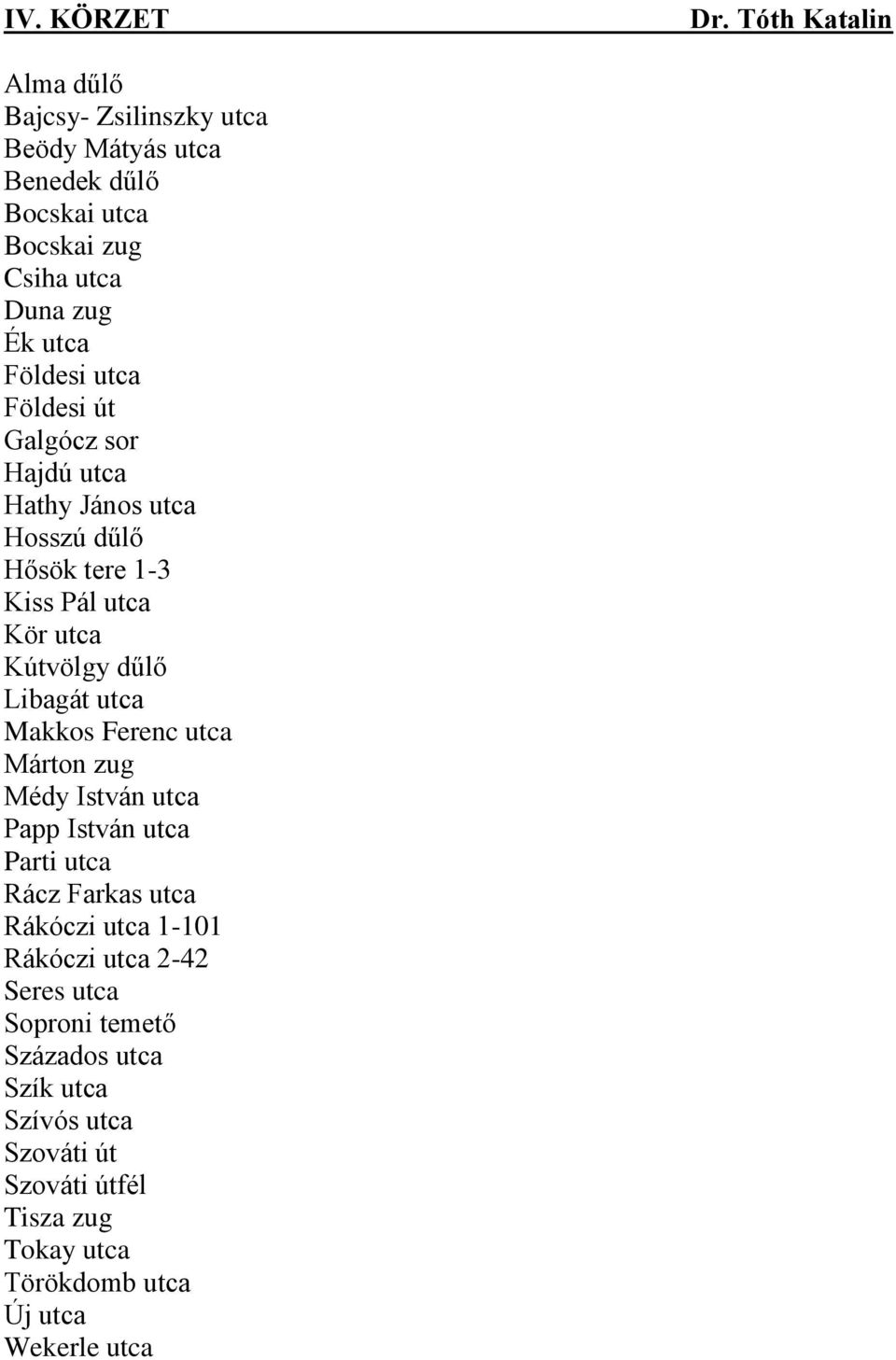 utca Földesi út Galgócz sor Hajdú utca Hathy János utca Hosszú dűlő Hősök tere 1-3 Kiss Pál utca Kör utca Kútvölgy dűlő Libagát utca Makkos