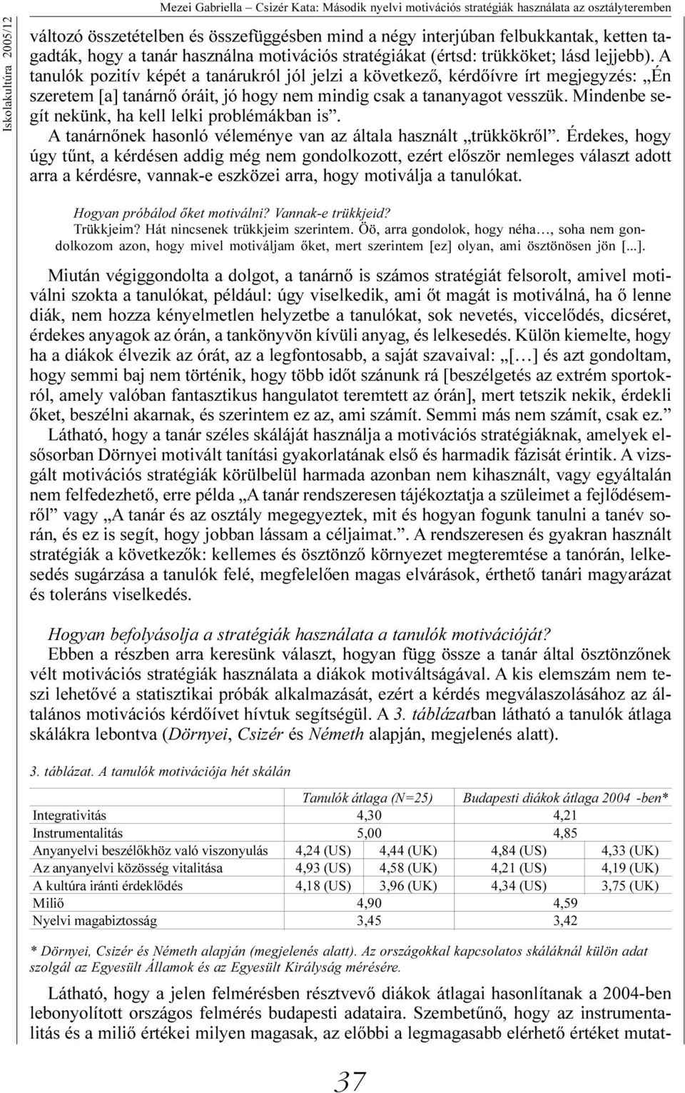 A tanulók pozitív képét a tanárukról jól jelzi a következõ, kérdõívre írt megjegyzés: Én szeretem [a] tanárnõ óráit, jó hogy nem mindig csak a tananyagot vesszük.