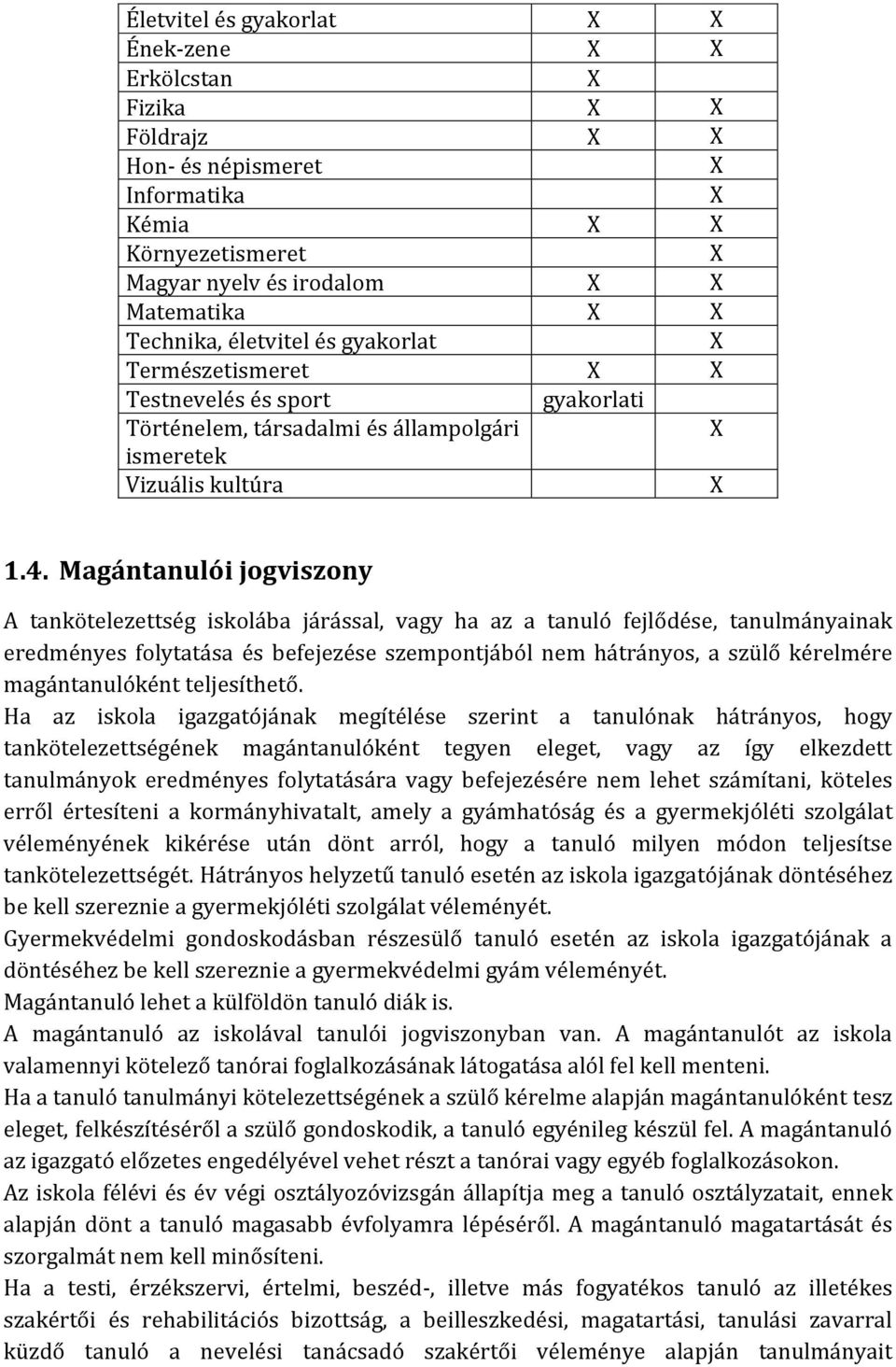 Magántanulói jogviszony A tankötelezettség iskolába járással, vagy ha az a tanuló fejlődése, tanulmányainak eredményes folytatása és befejezése szempontjából nem hátrányos, a szülő kérelmére