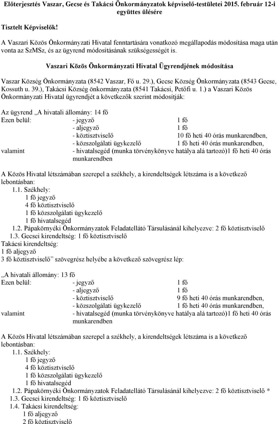 Vaszari Közös Önkormányzati Hivatal Ügyrendjének módosítása Vaszar Község Önkormányzata (8542 Vaszar, Fő u. 29.), Gecse Község Önkormányzata (8543 Gecse, Kossuth u. 39.