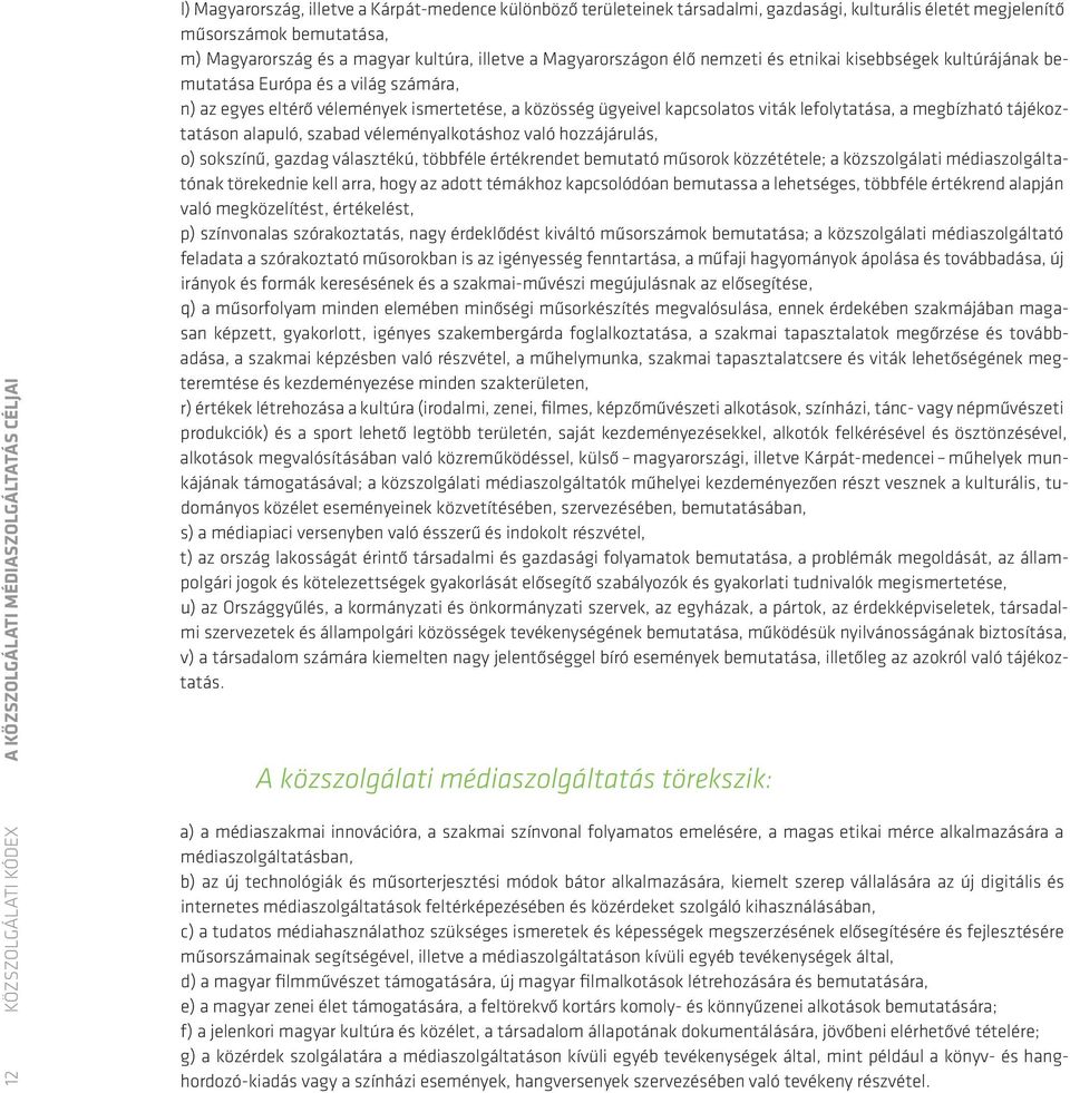 ismertetése, a közösség ügyeivel kapcsolatos viták lefolytatása, a megbízható tájékoztatáson alapuló, szabad véleményalkotáshoz való hozzájárulás, o) sokszínű, gazdag választékú, többféle értékrendet