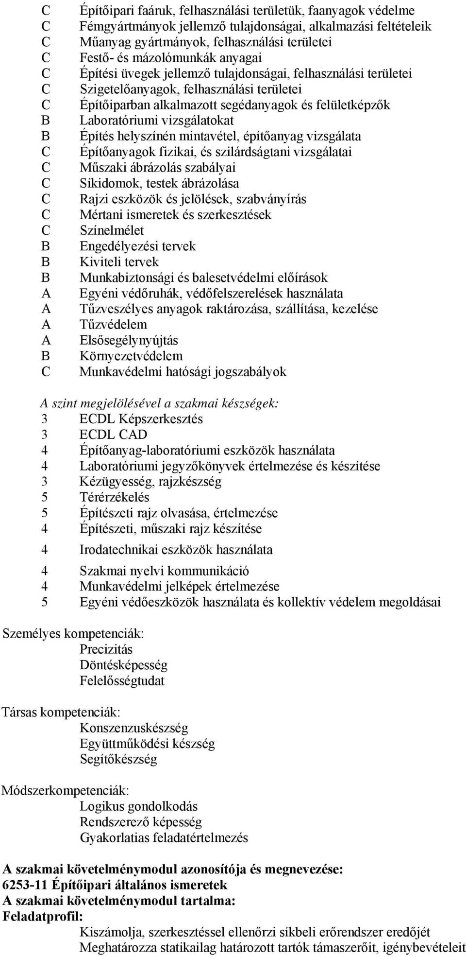 vizsgálatokat Építés helyszínén mintavétel, építőanyag vizsgálata Építőanyagok fizikai, és szilárdságtani vizsgálatai Műszaki ábrázolás szabályai Síkidomok, testek ábrázolása Rajzi eszközök és