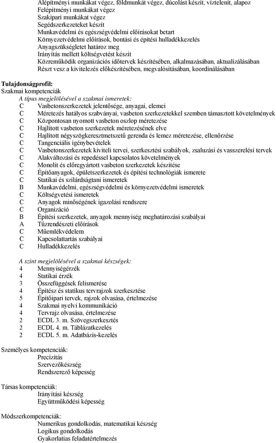 készítésében, alkalmazásában, aktualizálásában Részt vesz a kivitelezés előkészítésében, megvalósításában, koordinálásában Tulajdonságprofil: Szakmai kompetenciák A típus megjelölésével a szakmai