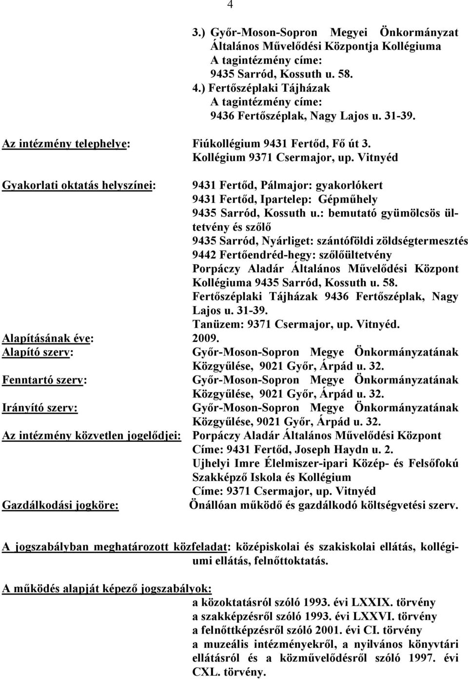 Vitnyéd Gyakorlati oktatás helyszínei: 9431 Fertőd, Pálmajor: gyakorlókert 9431 Fertőd, Ipartelep: Gépműhely 9435 Sarród, Kossuth u.