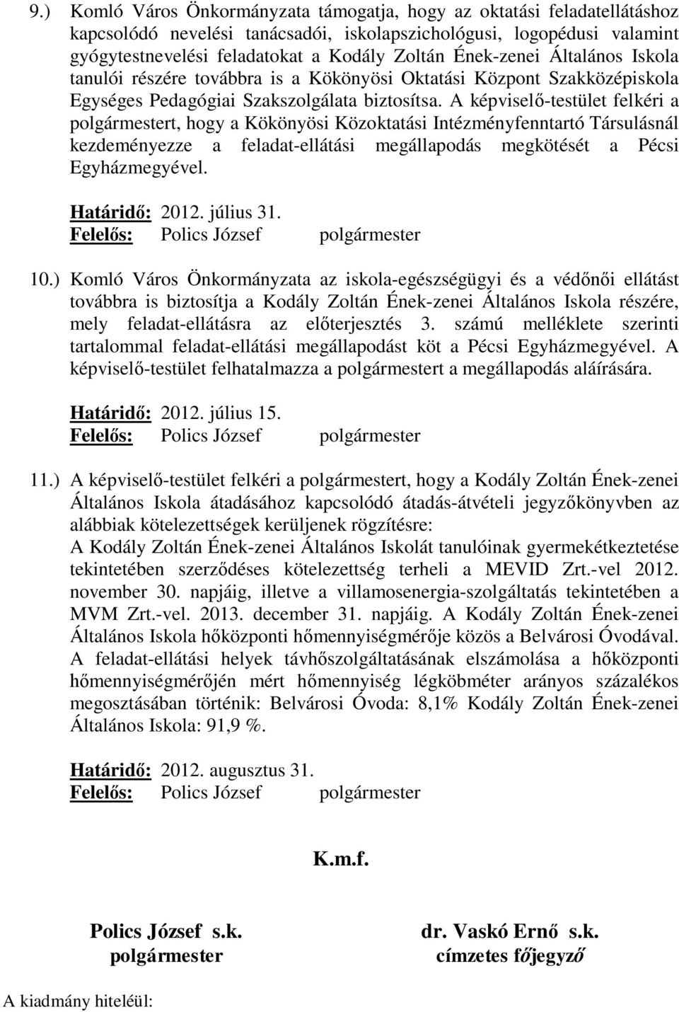 A képviselő-testület felkéri a polgármestert, hogy a Kökönyösi Közoktatási Intézményfenntartó Társulásnál kezdeményezze a feladat-ellátási megállapodás megkötését a Pécsi Egyházmegyével.