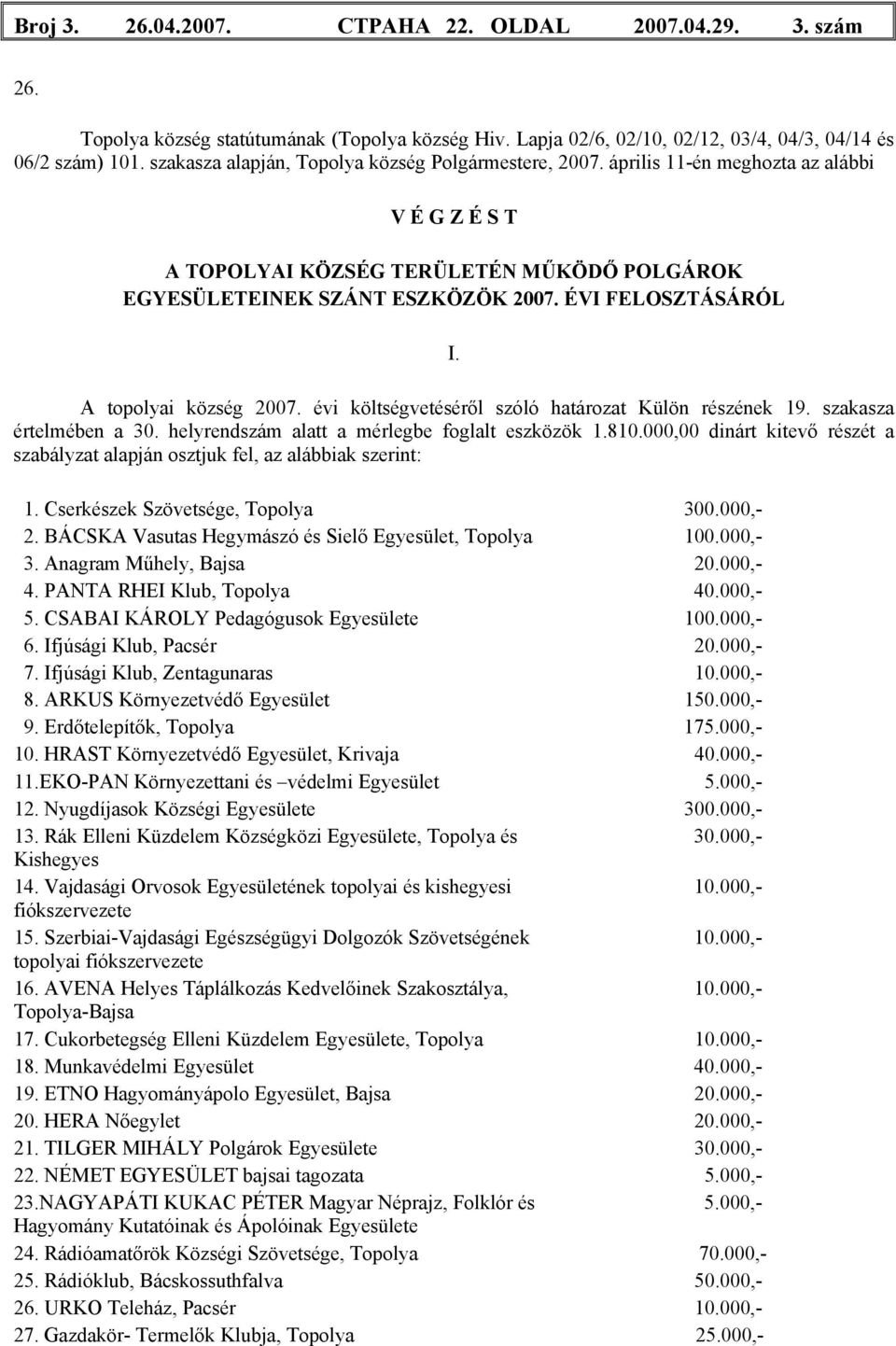 ÉVI FELOSZTÁSÁRÓL I. A topolyai község 2007. évi költségvetéséről szóló határozat Külön részének 19. szakasza értelmében a 30. helyrendszám alatt a mérlegbe foglalt eszközök 1.810.