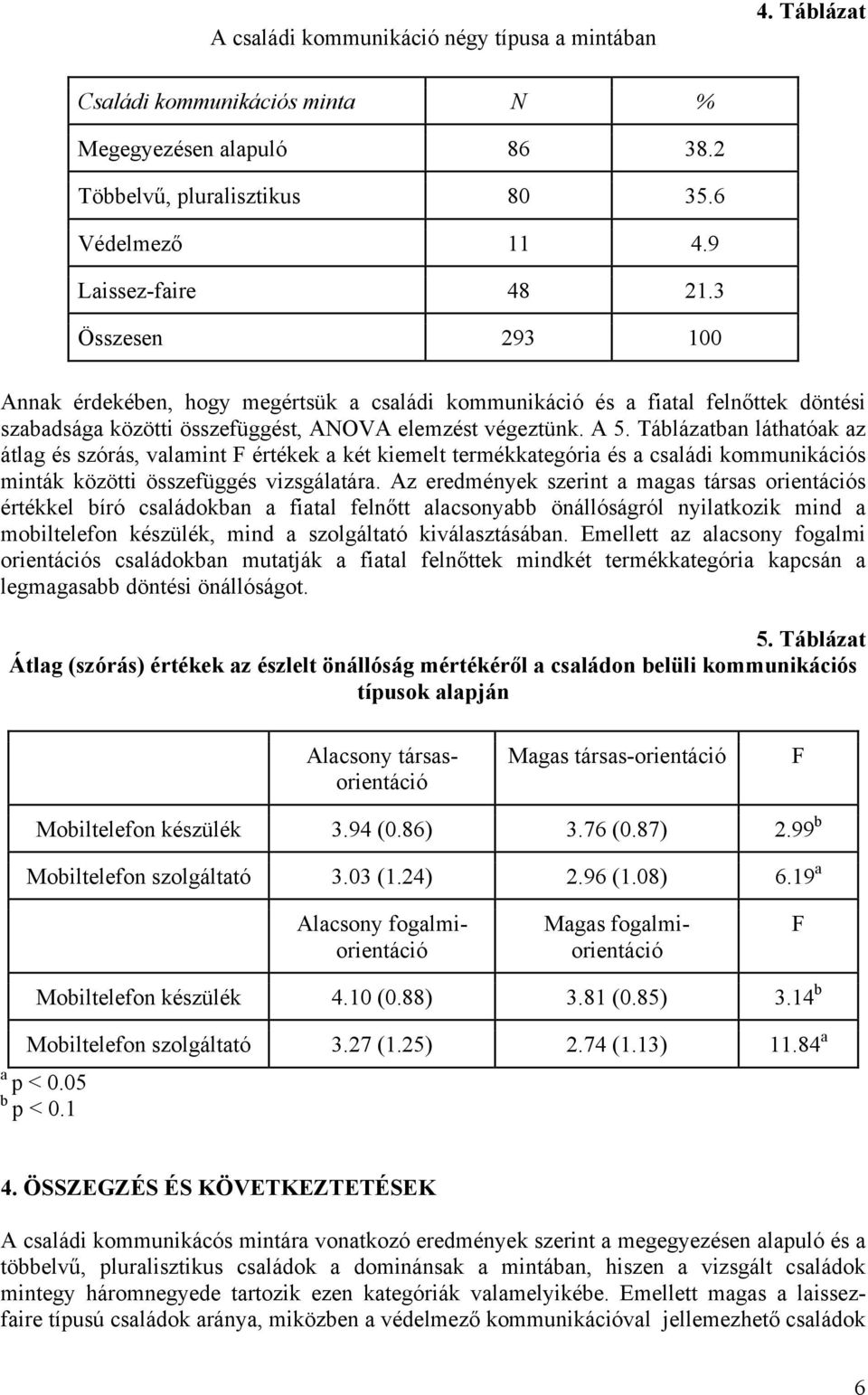 Táblázatban láthatóak az átlag és szórás, valamint F értékek a két kiemelt termékkategória és a családi kommunikációs minták közötti összefüggés vizsgálatára.