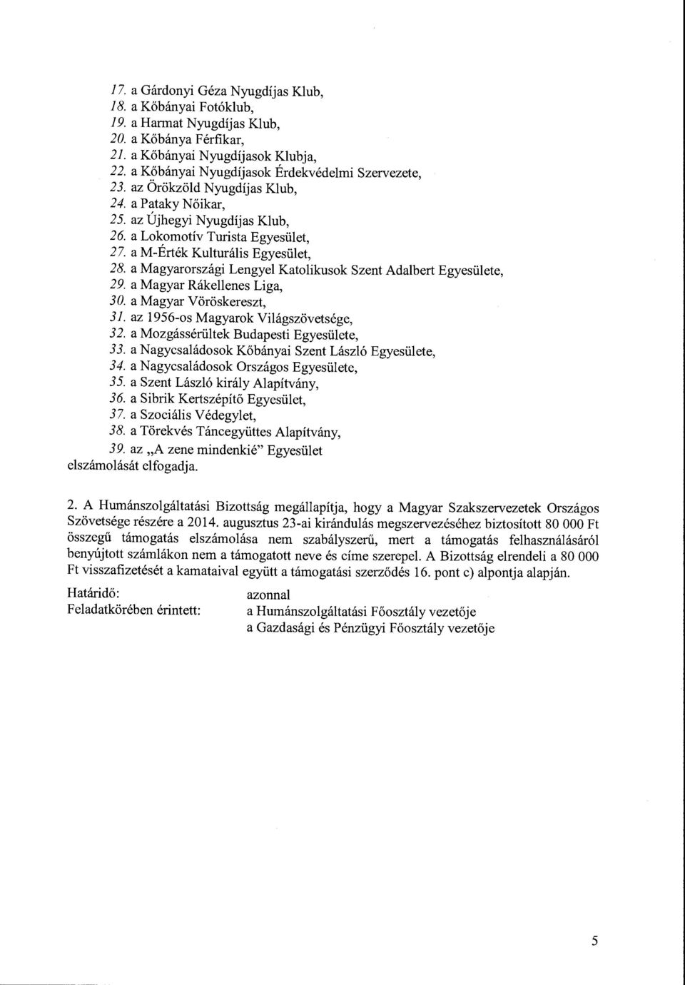 a Magyarországi Lengye Katoikusok Szent Adabert Egyesüete, 29. a Magyar Rákeenes Liga, 30. a Magyar Vöröskereszt, 31. az 1956-os Magyarok Viágszövetsége, 32. a Mozgássérütek Budapesti Egyesüete, 33.