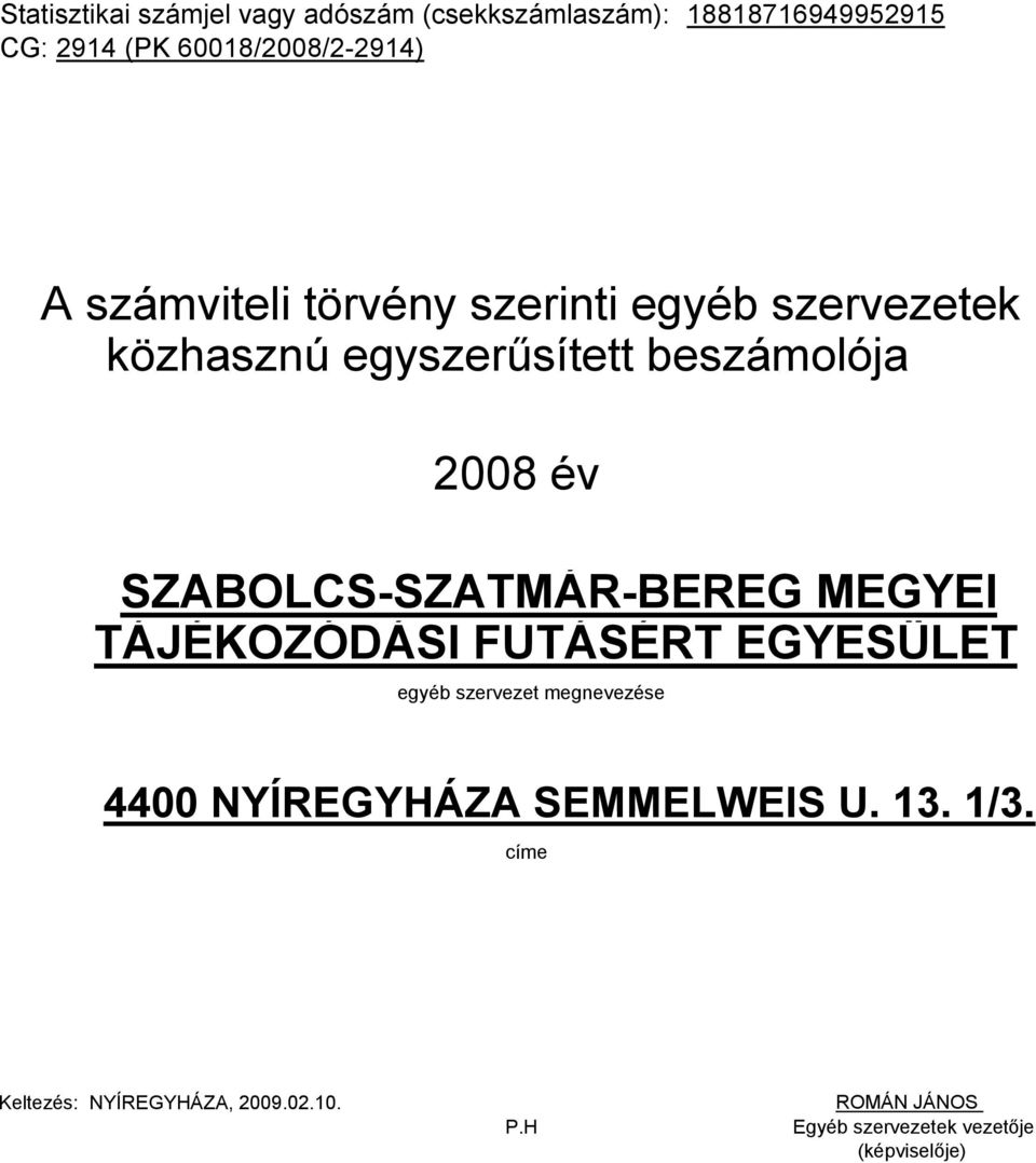 SZABOLCS-SZATMÁR-BEREG MEGYEI TÁJÉKOZÓDÁSI FUTÁSÉRT EGYESÜLET egyéb szervezet megnevezése 4400