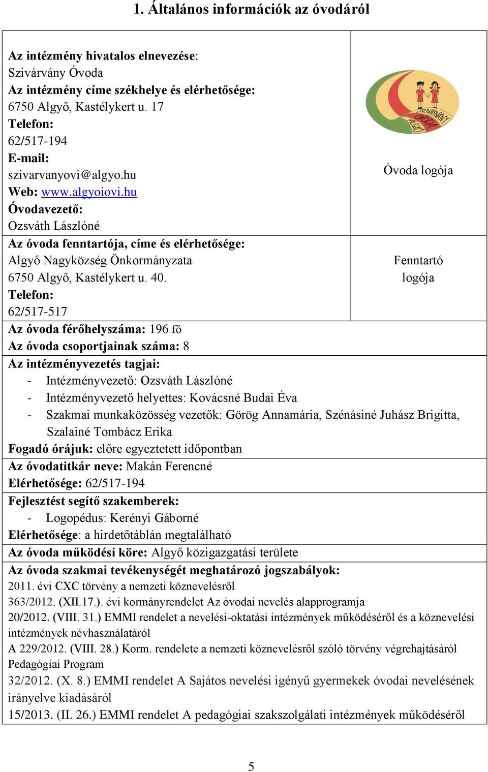 hu Óvodavezető: Ozsváth Lászlóné Az óvoda fenntartója, címe és elérhetősége: Algyő Nagyközség Önkormányzata 6750 Algyő, Kastélykert u. 40.