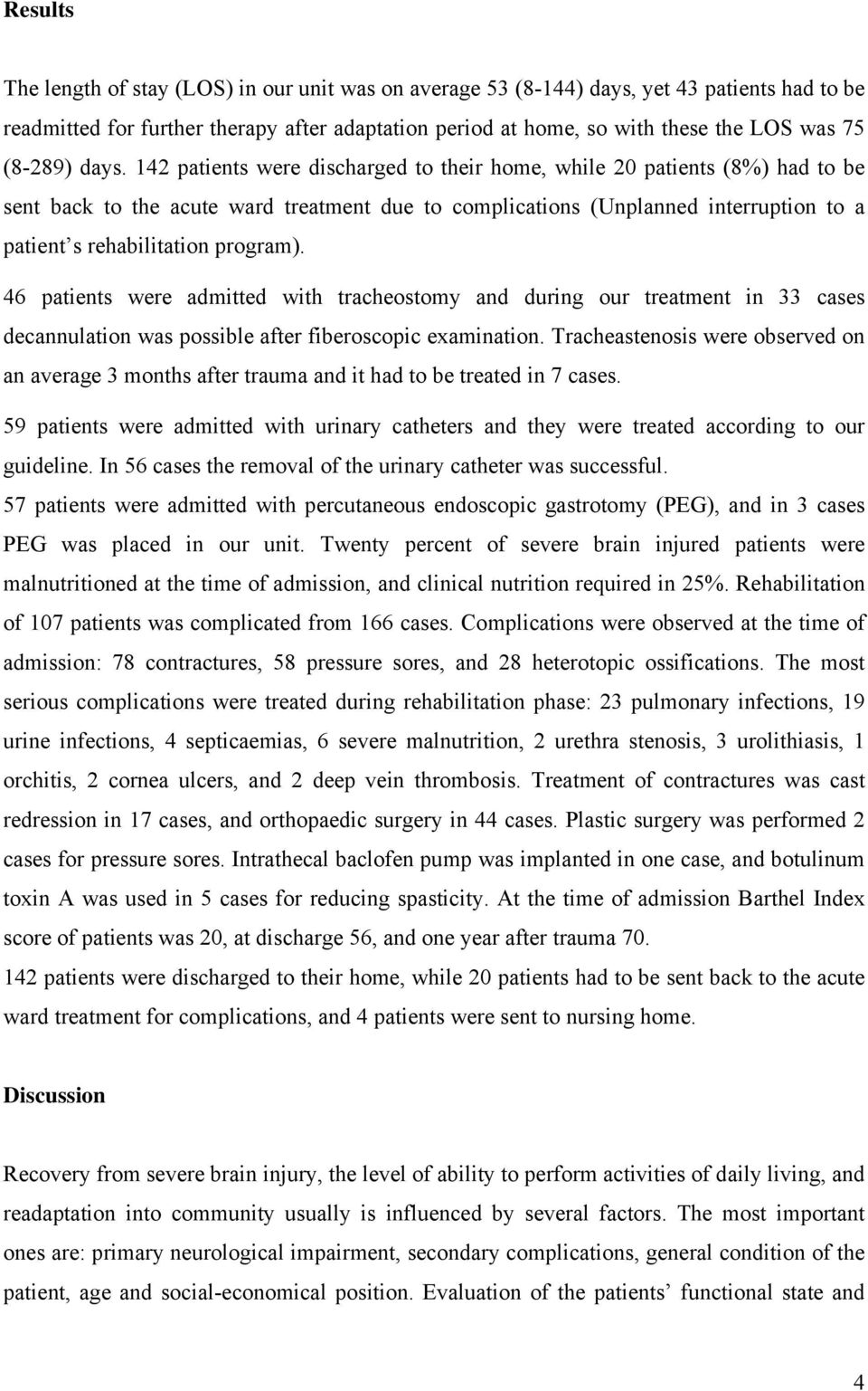 142 patients were discharged to their home, while 20 patients (8%) had to be sent back to the acute ward treatment due to complications (Unplanned interruption to a patient s rehabilitation program).