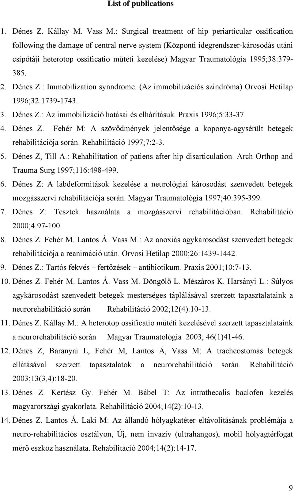 Traumatológia 1995;38:379-385. 2. Dénes Z.: Immobilization synndrome. (Az immobilizációs szindróma) Orvosi Hetilap 1996;32:1739-1743. 3. Dénes Z.: Az immobilizáció hatásai és elhárításuk.