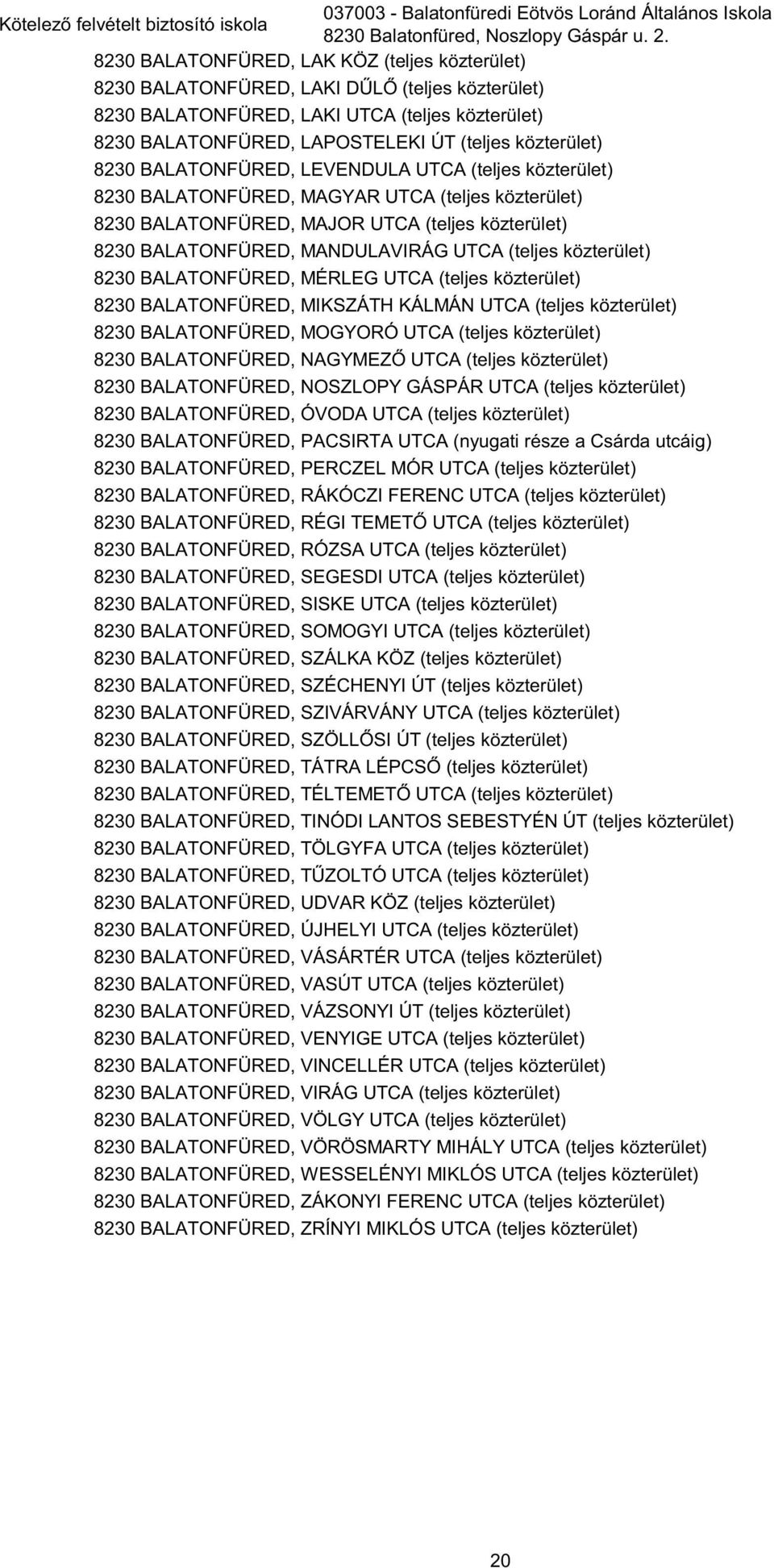 8230 BALATONFÜRED, LEVENDULA UTCA (teljes közterület) 8230 BALATONFÜRED, MAGYAR UTCA (teljes közterület) 8230 BALATONFÜRED, MAJOR UTCA (teljes közterület) 8230 BALATONFÜRED, MANDULAVIRÁG UTCA (teljes