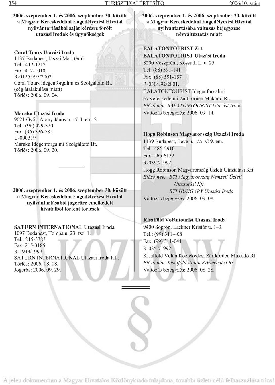 : 412-1212 Fax: 412-1010 R-01255/95/2002. Coral Tours Idegenforgalmi és Szolgáltató Bt. (cég átalakulása miatt) Törlés: 2006. 09. 04. Maraka Utazási Iroda 9021 Gyõr, Arany János u. 17. I. em. 2. Tel.