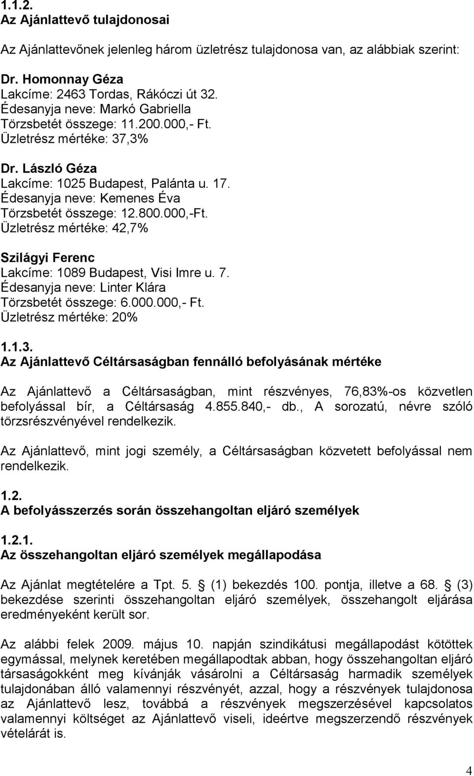 800.000,-Ft. Üzletrész mértéke: 42,7% Szilágyi Ferenc Lakcíme: 1089 Budapest, Visi Imre u. 7. Édesanyja neve: Linter Klára Törzsbetét összege: 6.000.000,- Ft. Üzletrész mértéke: 20% 1.1.3.