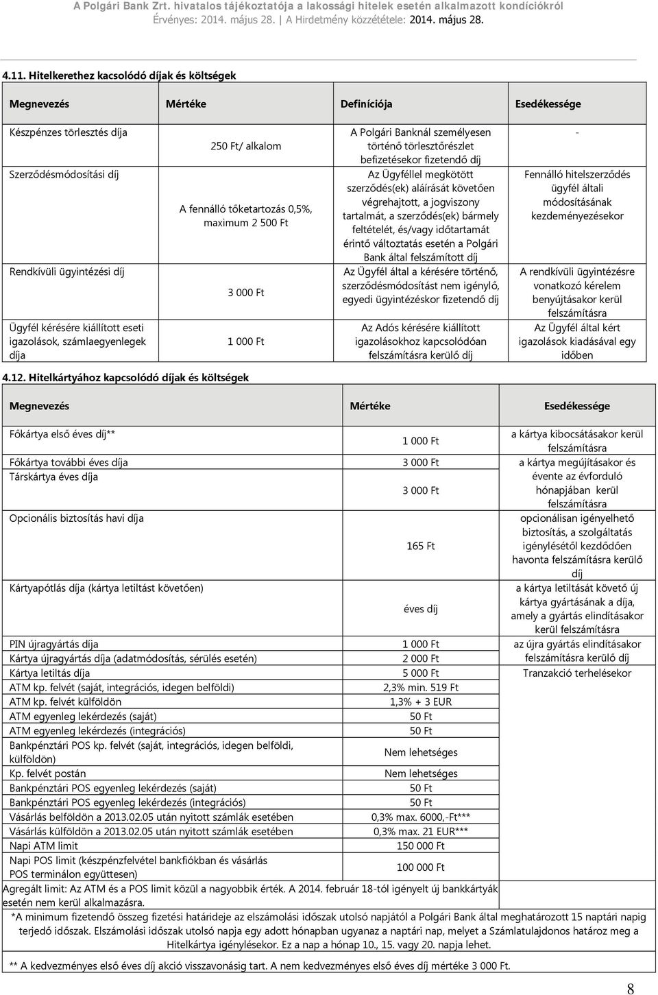 díj Az Ügyféllel megkötött szerződés(ek) aláírását követően végrehajtott, a jogviszony tartalmát, a szerződés(ek) bármely feltételét, és/vagy időtartamát érintő változtatás esetén a Polgári Bank