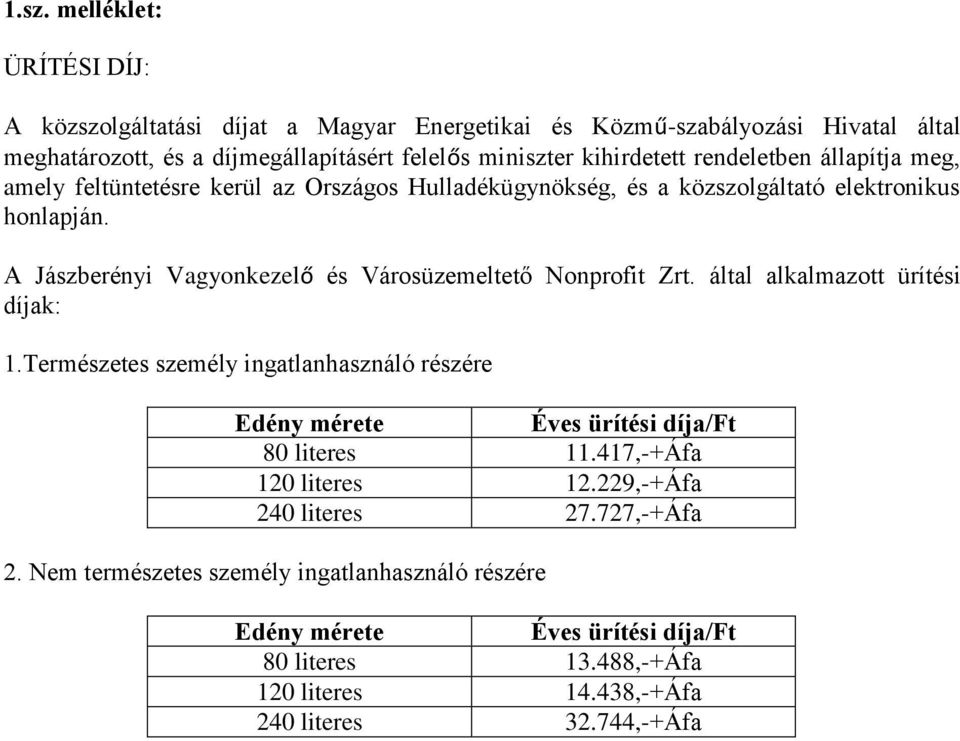 A Jászberényi Vagyonkezelő és Városüzemeltető Nonprofit Zrt. által alkalmazott ürítési díjak: 1.