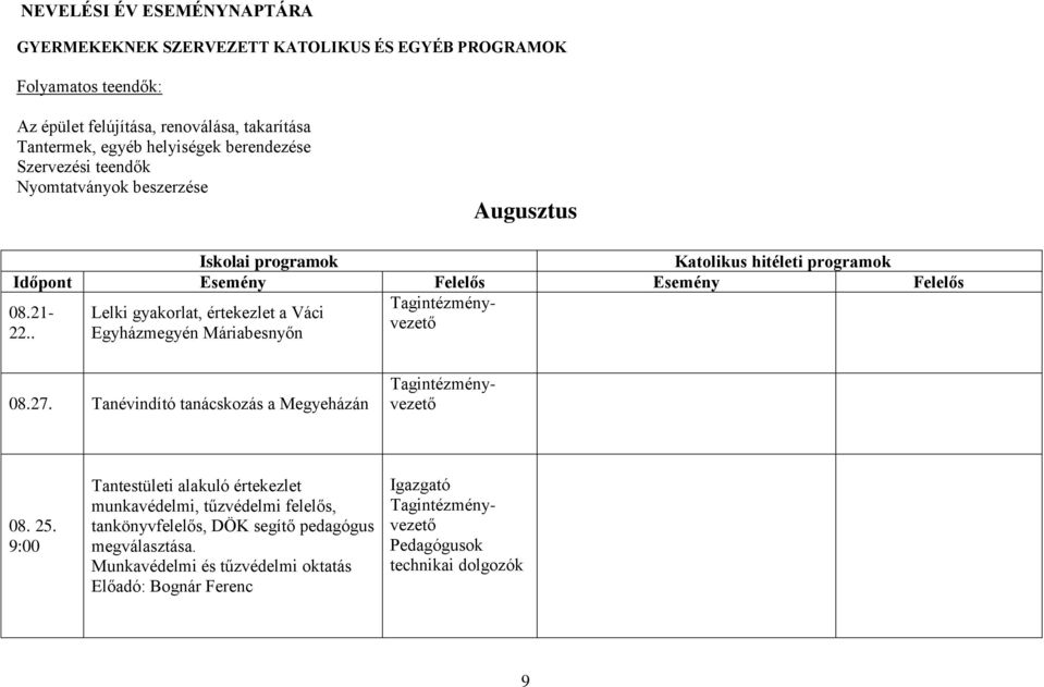 Tanévindító tanácskozás a Megyeházán Iskolai programok Katolikus hitéleti programok Időpont Esemény Felelős Esemény Felelős Tagintézményvezető Tagintézményvezető 08. 25.