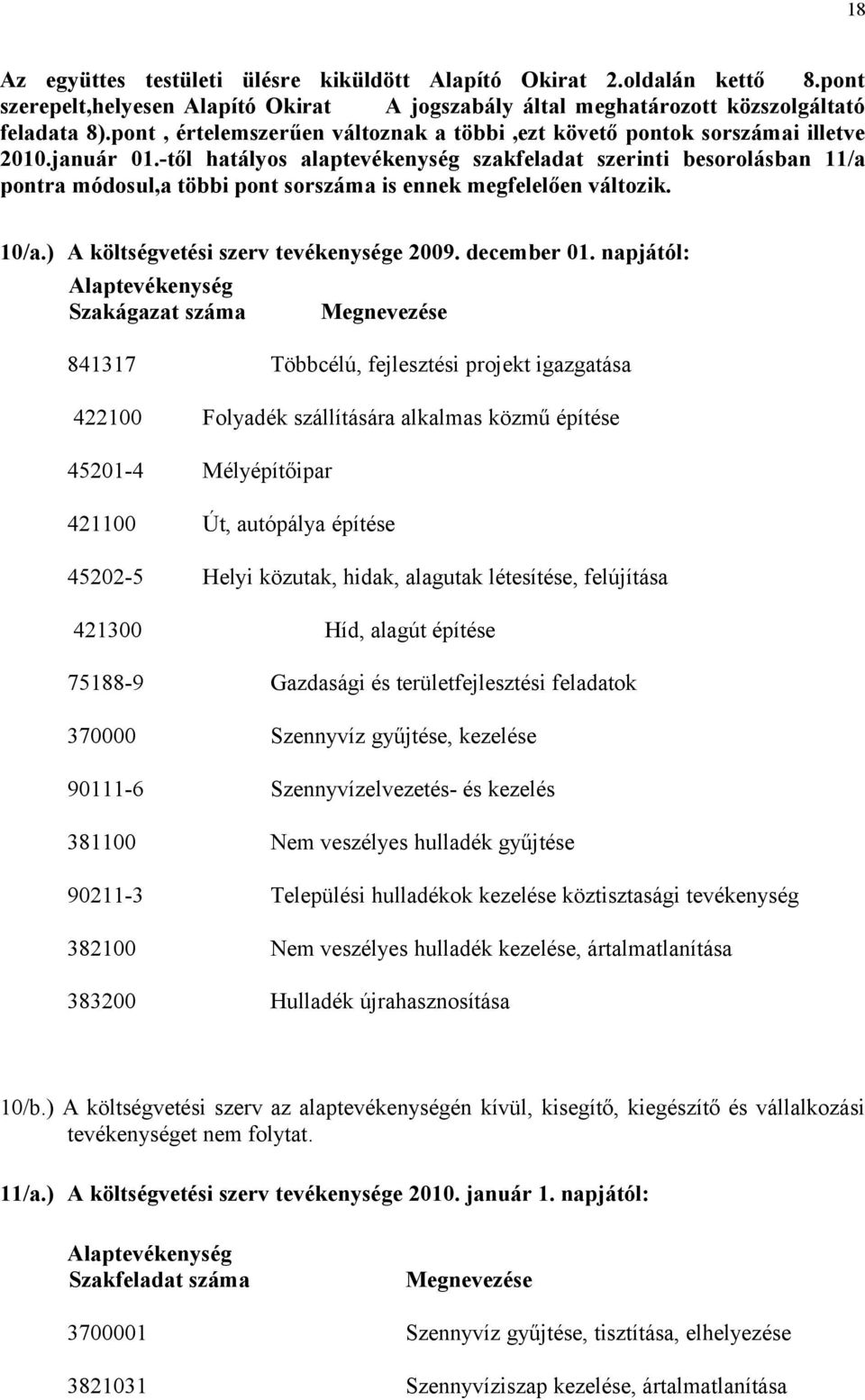 -től hatályos alaptevékenység szakfeladat szerinti besorolásban 11/a pontra módosul,a többi pont sorszáma is ennek megfelelően változik. 10/a.) A költségvetési szerv tevékenysége 2009. december 01.