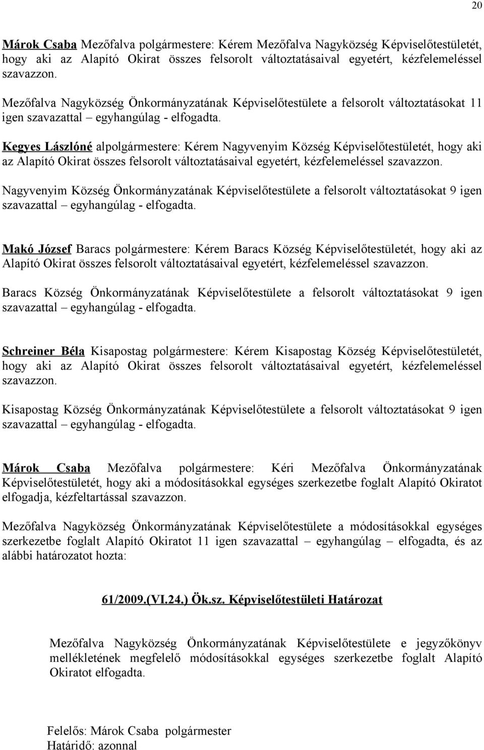 Kegyes Lászlóné alpolgármestere: Kérem Nagyvenyim Község Képviselőtestületét, hogy aki az Alapító Okirat összes felsorolt változtatásaival egyetért, kézfelemeléssel szavazzon.