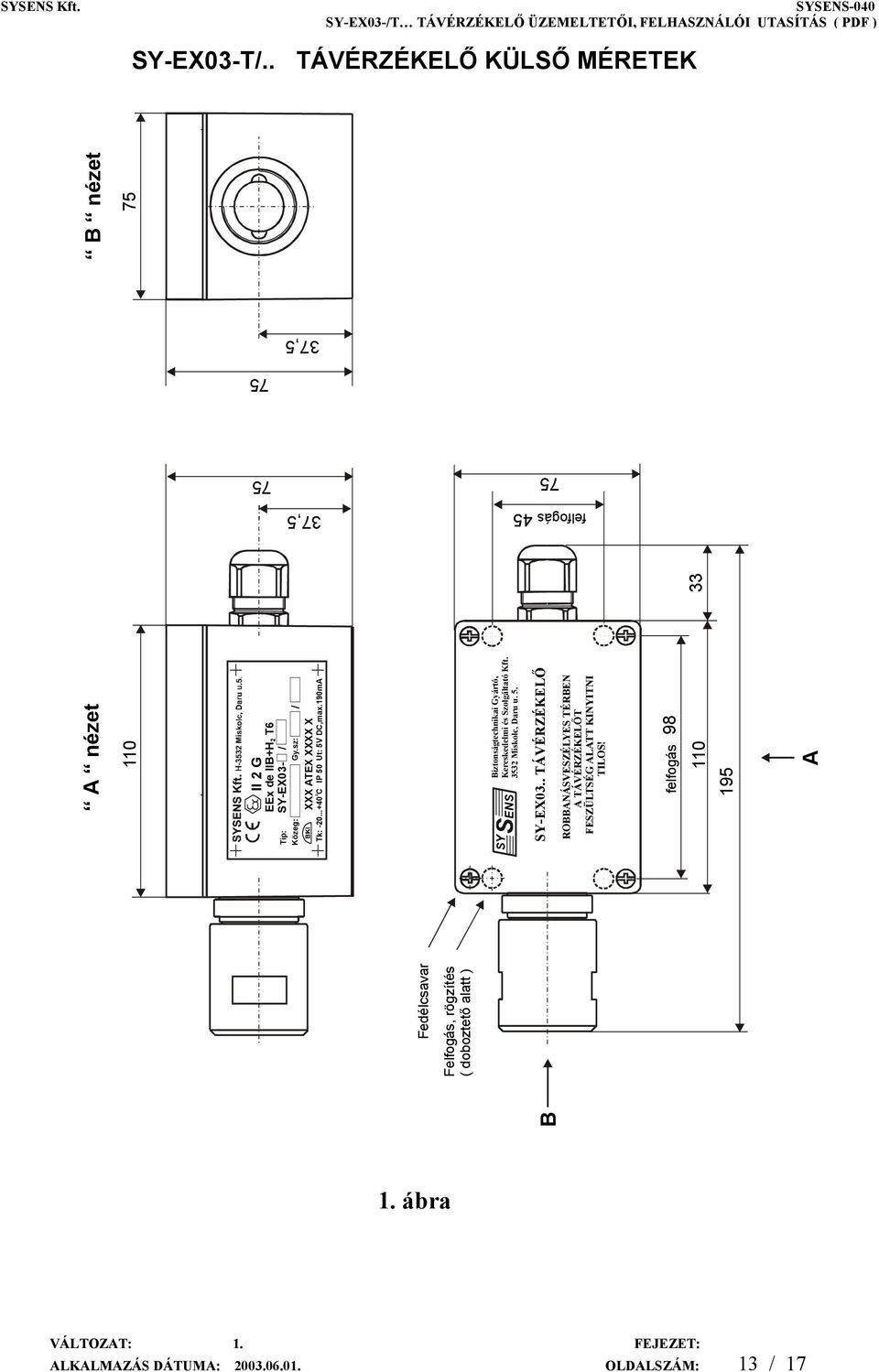 nézet 110 II 2 G EEx de IIB+H 2 T6 Típ: SY-EX03- / Közeg: Gy.sz: / XXX ATEX XXXX X Tk: -20...+40 O C IP 50 Ut: 5V DC,max.