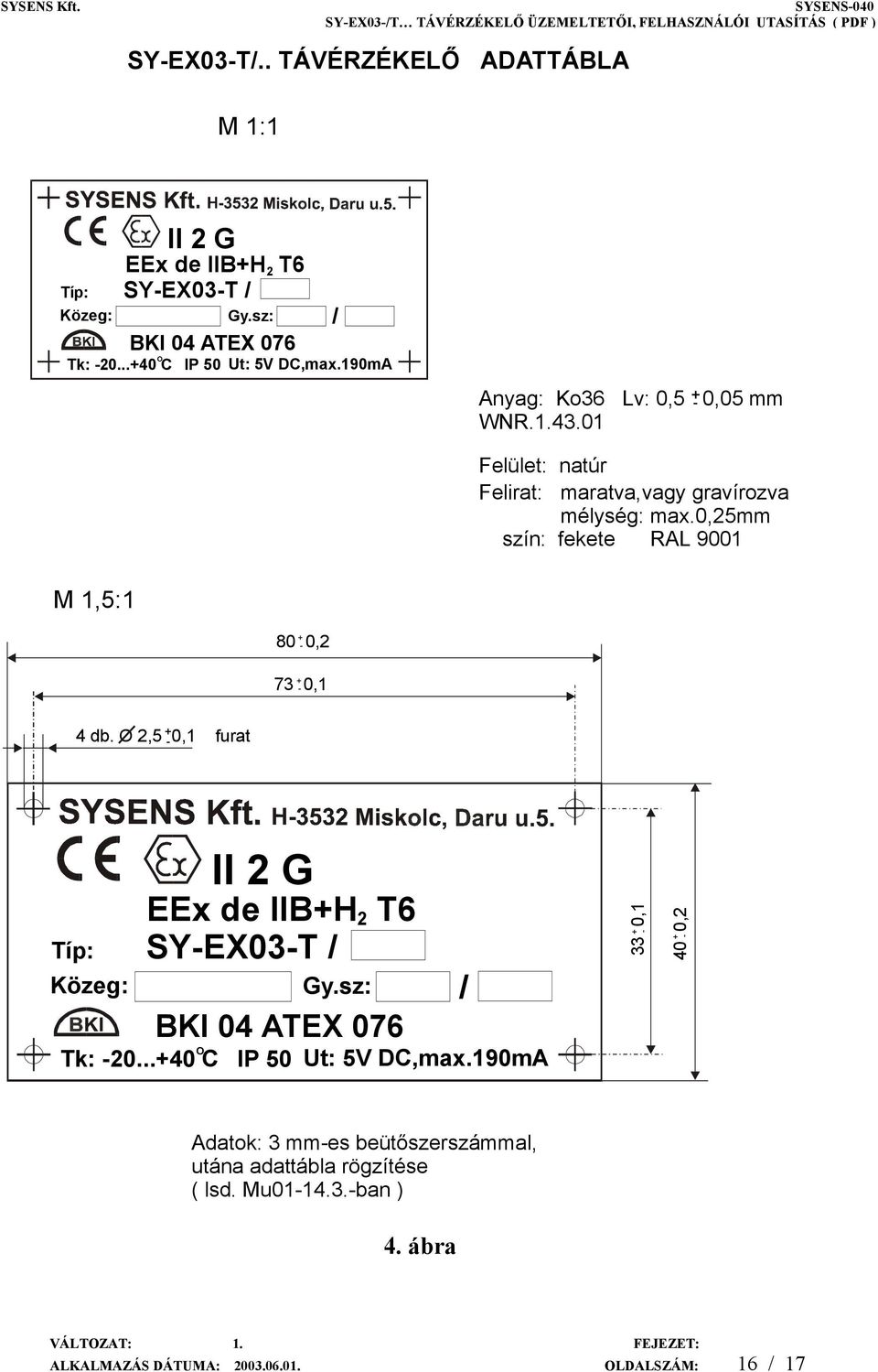 0,25mm szín: fekete RAL 9001 M 1,5:1 + 80-0,2 + 73-0,1 4 db. O 2,5 + - 0,1 furat EEx de IIB+H 2 T6 Típ: SY-EX03-T / Közeg: Gy.sz: / Tk: -20.