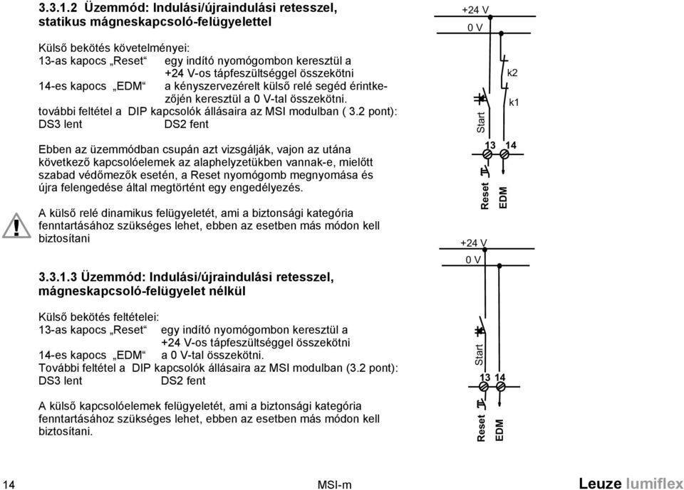 összekötni 14-es kapocs EDM a kényszervezérelt külső relé segéd érintkezőjén keresztül a 0 V-tal összekötni. további feltétel a DIP kapcsolók állásaira az MSI modulban ( 3.