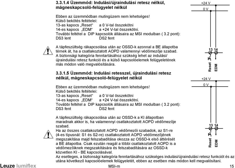 2 pont): DS3 lent DS2 fent A tápfeszültség rákapcsolása után az OSSD-k azonnal a BE állapotba térnek át, ha a csatlakoztatott AOPD valamennyi védőmezője szabad.