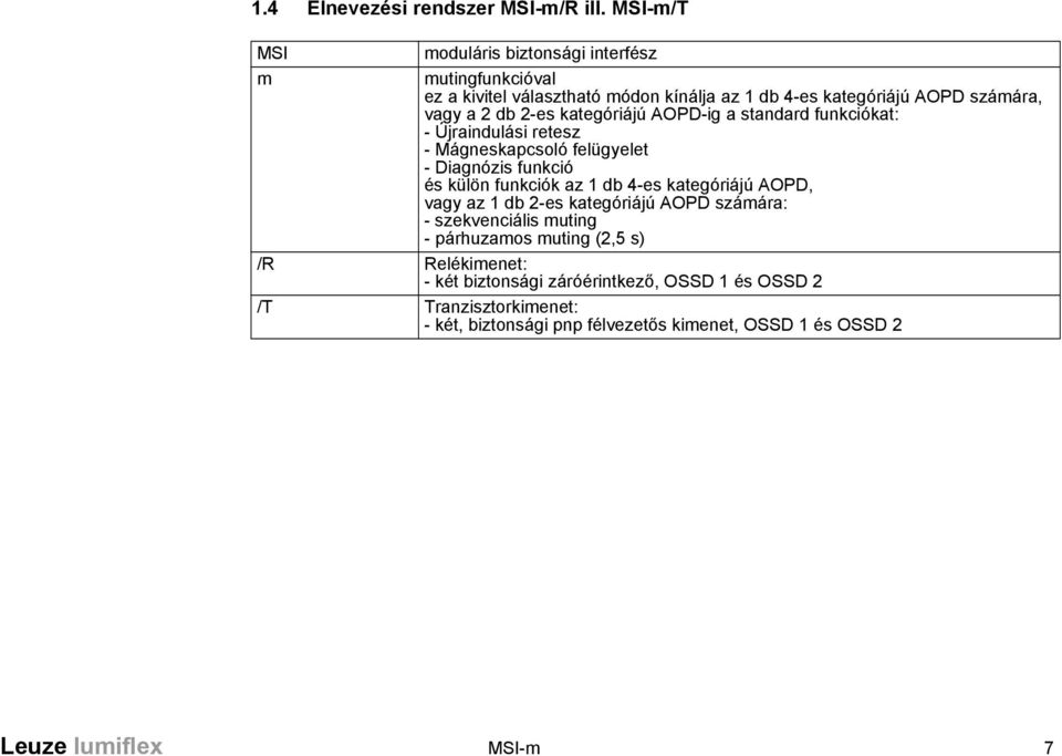 2-es kategóriájú AOPD-ig a standard funkciókat: - Újraindulási retesz - Mágneskapcsoló felügyelet - Diagnózis funkció és külön funkciók az 1 db 4-es