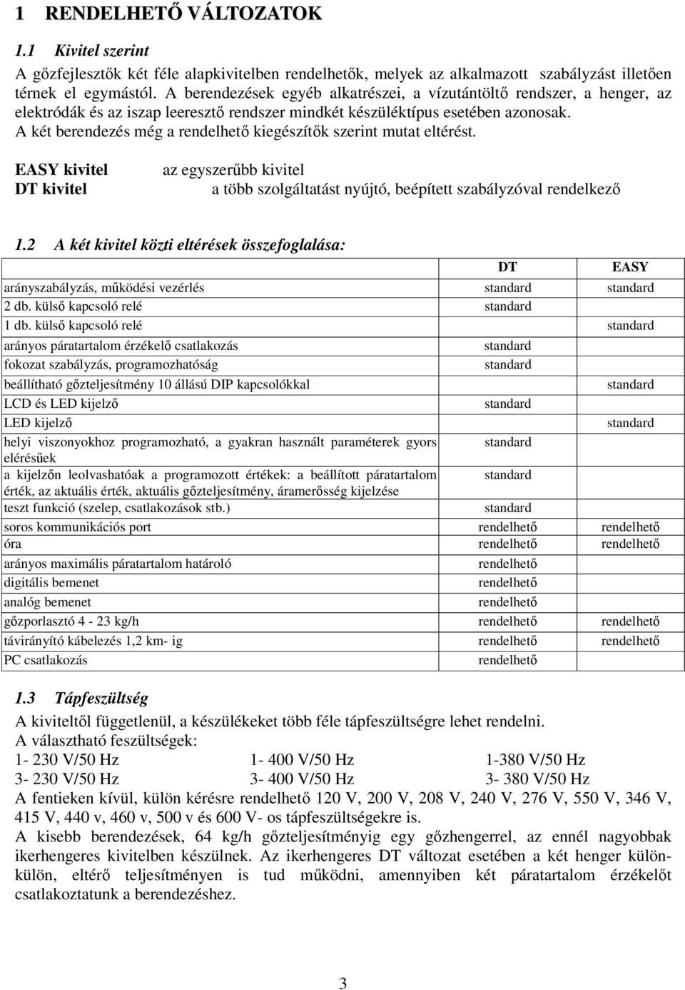 A két berendezés még a rendelhet kiegészítk szerint mutat eltérést. EASY kivitel DT kivitel az egyszerbb kivitel a több szolgáltatást nyújtó, beépített szabályzóval rendelkez 1.