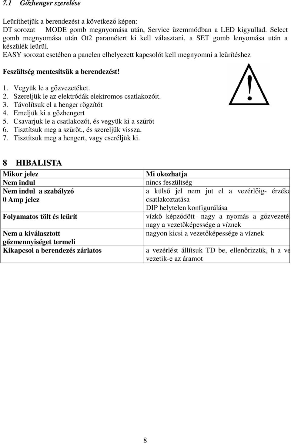 EASY sorozat esetében a panelen elhelyezett kapcsolót kell megnyomni a leürítéshez Feszültség mentesítsük a berendezést! 1. Vegyük le a gzvezetéket. 2.