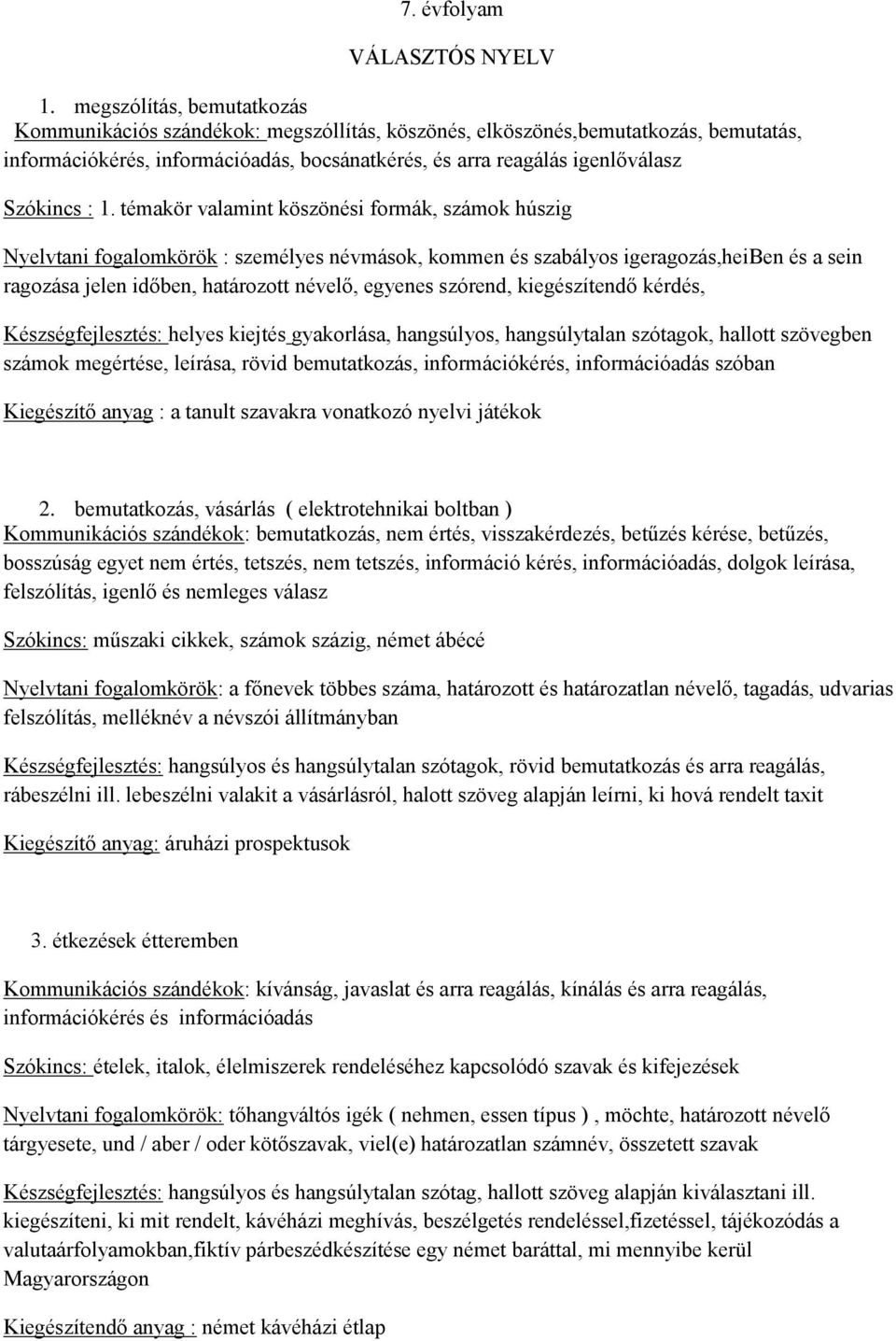 1. témakör valamint köszönési formák, számok húszig Nyelvtani fogalomkörök : személyes névmások, kommen és szabályos igeragozás,heiben és a sein ragozása jelen időben, határozott névelő, egyenes