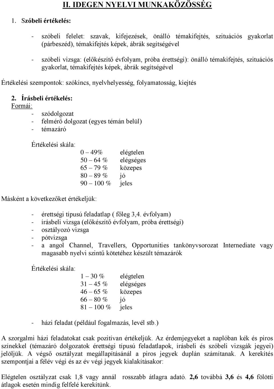 évfolyam, próba érettségi): önálló témakifejtés, szituációs gyakorlat, témakifejtés képek, ábrák segítségével Értékelési szempontok: szókincs, nyelvhelyesség, folyamatosság, kiejtés 2.