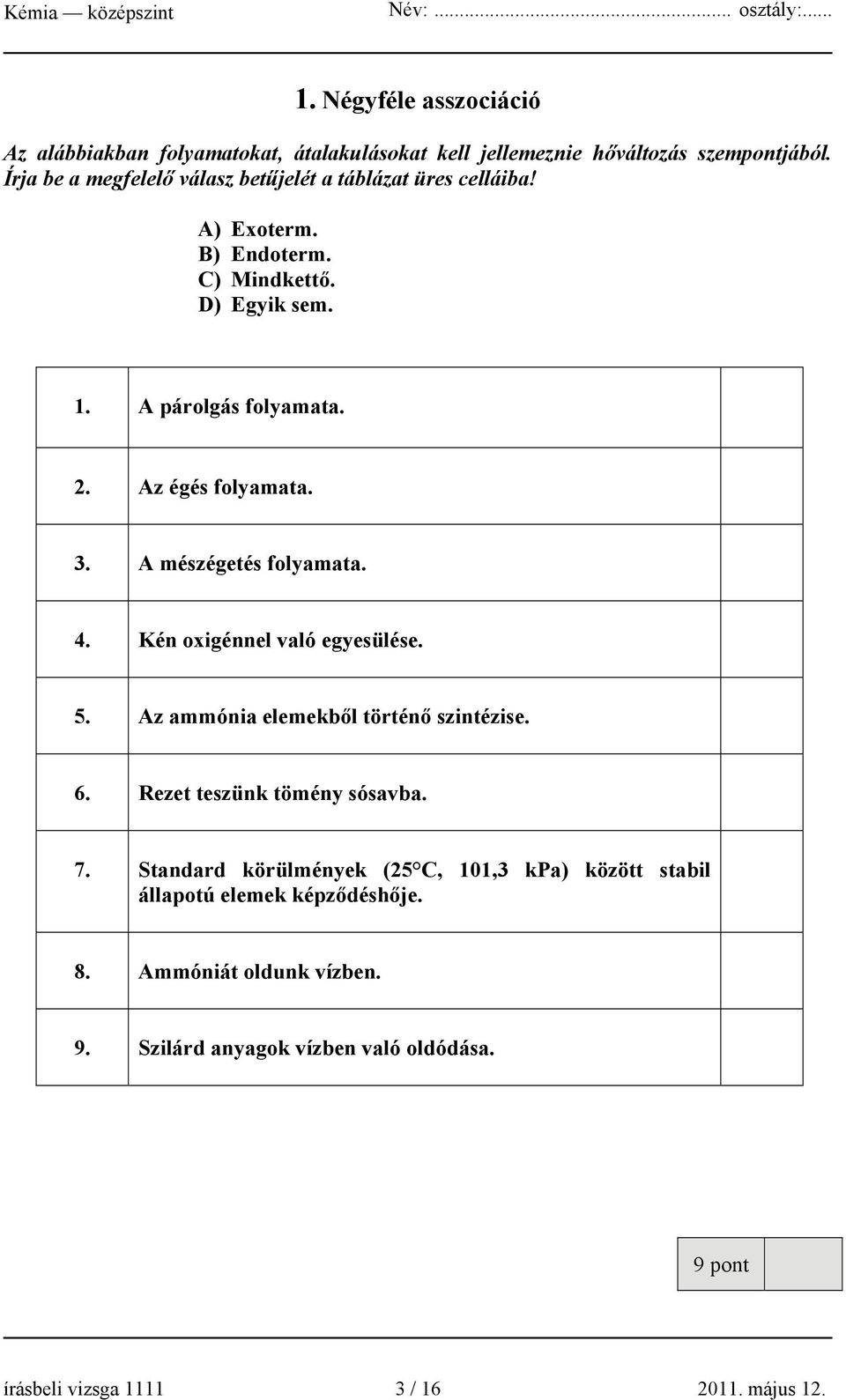 Az égés folyamata. 3. A mészégetés folyamata. 4. Kén oxigénnel való egyesülése. 5. Az ammónia elemekből történő szintézise. 6.