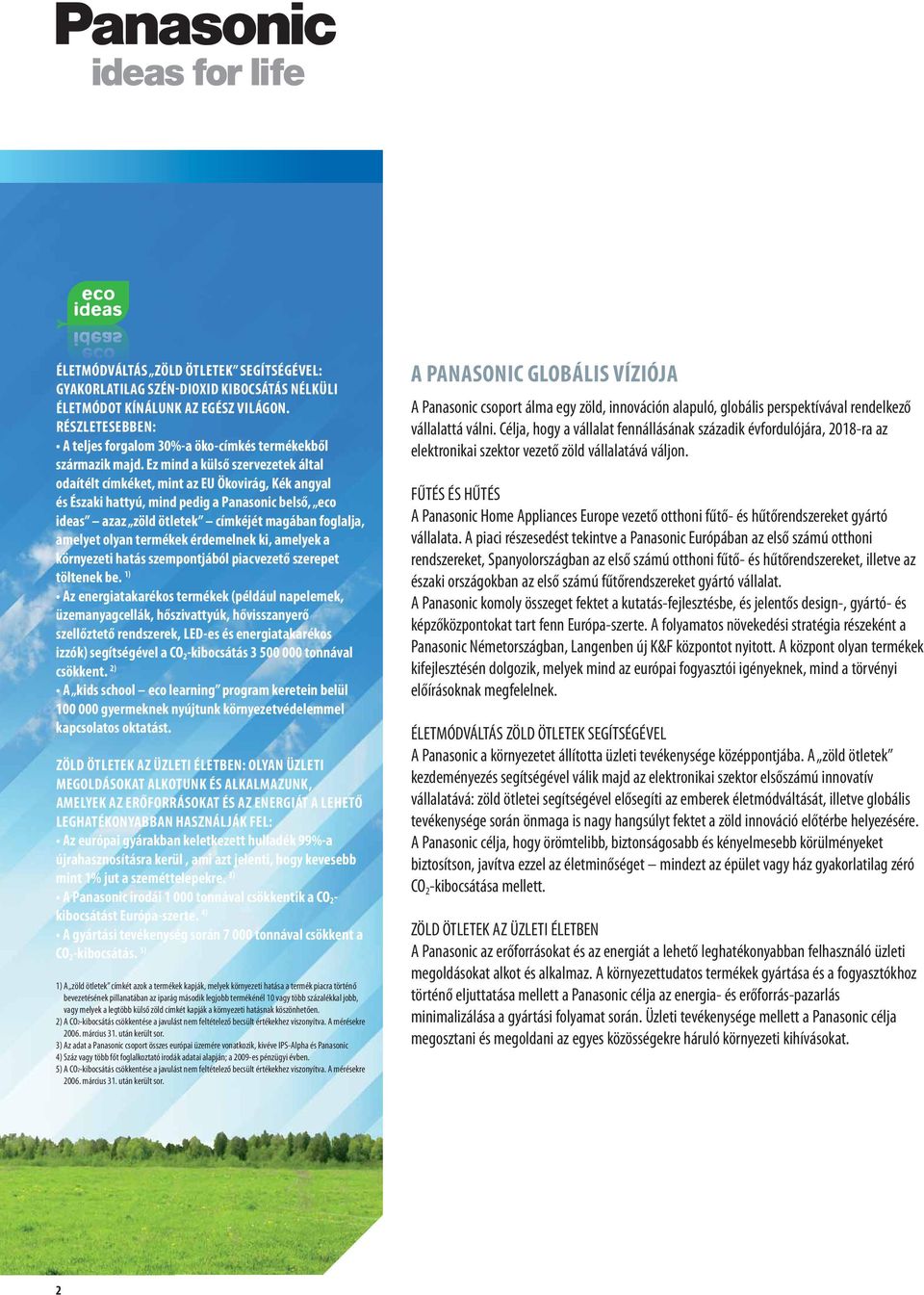 Ez mind a külső szervezetek által odaítélt címkéket, mint az EU Ökovirág, Kék angyal és Északi hattyú, mind pedig a Panasonic belső, eco ideas azaz zöld ötletek címkéjét magában foglalja, amelyet