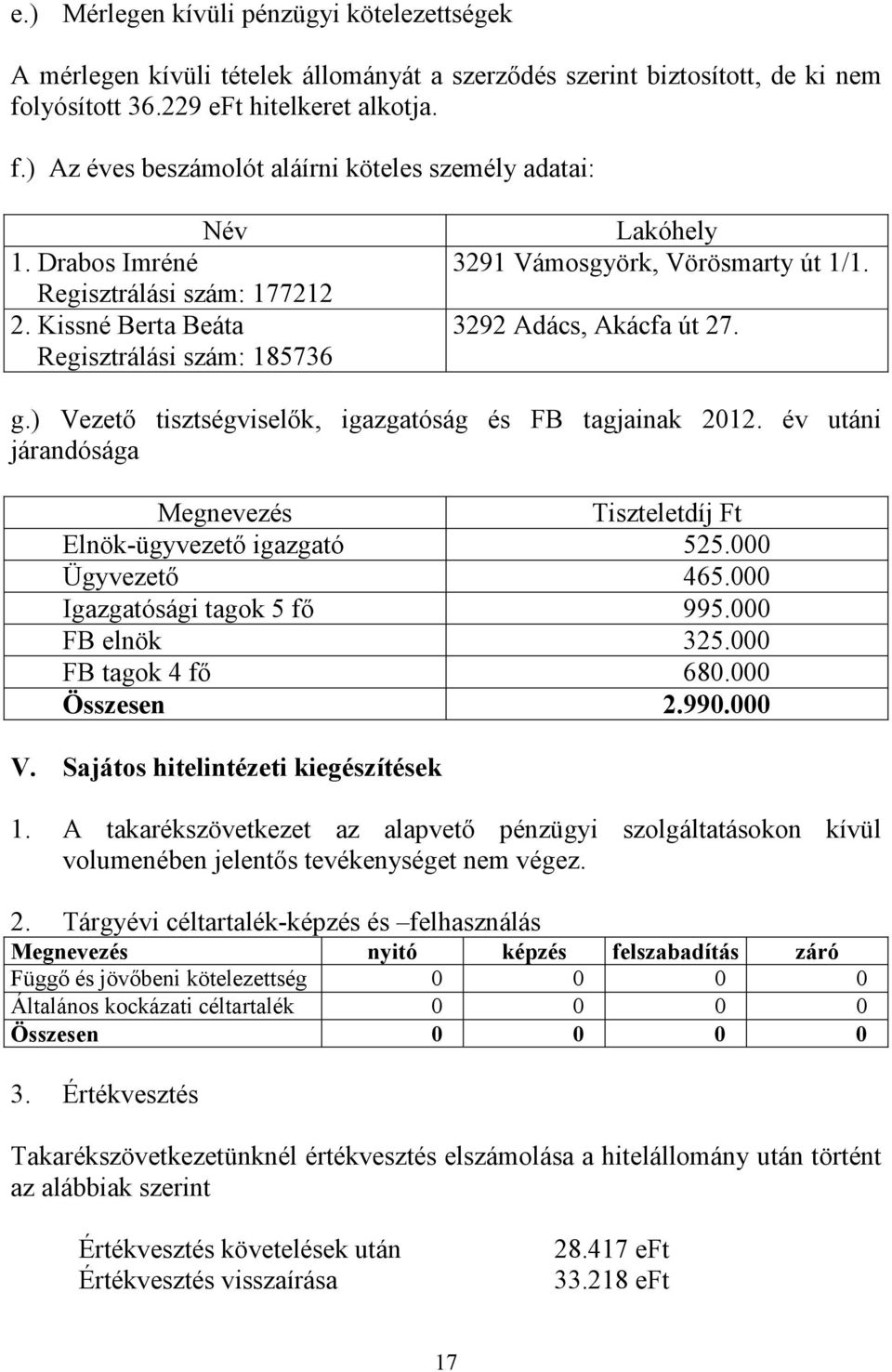 ) Vezetı tisztségviselık, igazgatóság és FB tagjainak 2012. év utáni járandósága Megnevezés Tiszteletdíj Ft Elnök-ügyvezetı igazgató 525.000 Ügyvezetı 465.000 Igazgatósági tagok 5 fı 995.